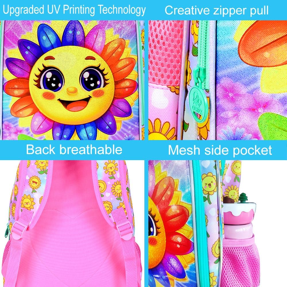 3PCS Kids Smiling Sunflower Bookbag, 16" Girls Bookbag with Lunch Box, Water Resistant Elementary School Bag for Prechool Toddler - Image 5