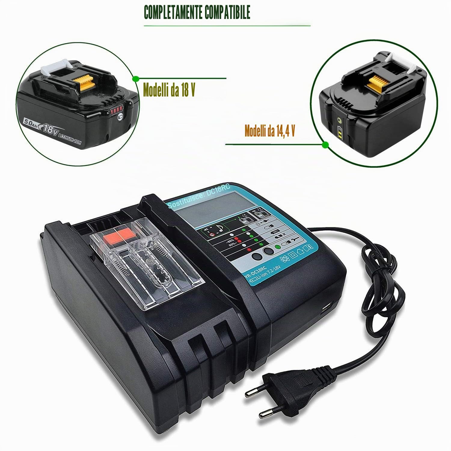 2 batterie 18V 5.0Ah BL1850B con caricatori DC18RC/DC18RA per Makita DMR108/110/102/105, ricambio 18V BL1830B/BL1840/BL1840B/BL1850/BL1815