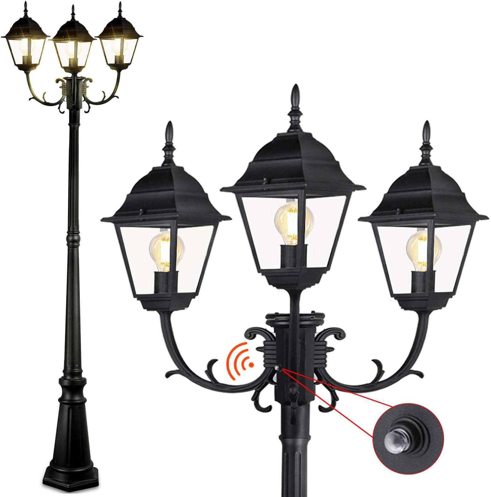 CINOTON Dusk to Dawn Outdoor Lamp Post Light, Waterproof Outdoor Street Light with Photocell Sensor Triple-Head Post Lighting for Backyard, Garden|Black Light Pole with Clear Glass Panels