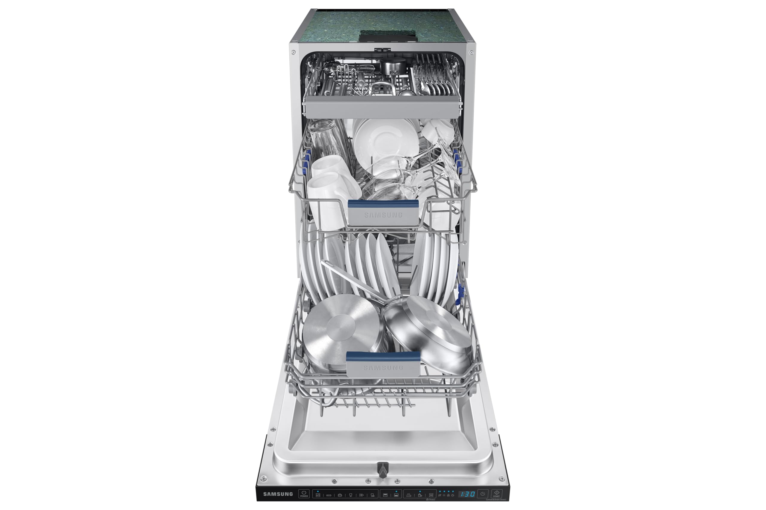 Samsung Lavavajillas Integrable 45cm 10 cubiertos Clase D DW50DG450B00ET | Apertura automática Push Open, SmartThings con WiFi, Lavado rápido 60 min, Lavado exprés 60 minutos, Lavado automático