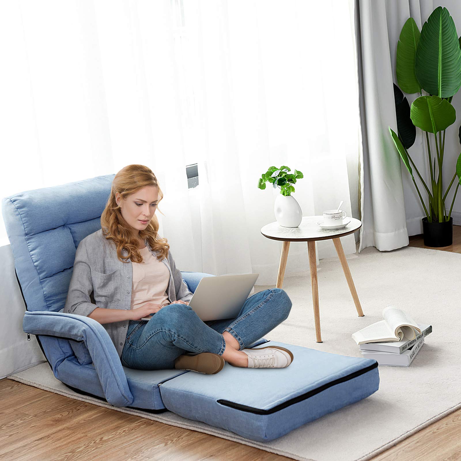 GOPLUS Sillón Convertible 18 Rejillas, Sofá Cama Plegable, Sillón Relax con Respaldo Ajustable en 5 Posiciones, Fácil Almacenaje, para Salón Oficina Dormitorio (Azul)