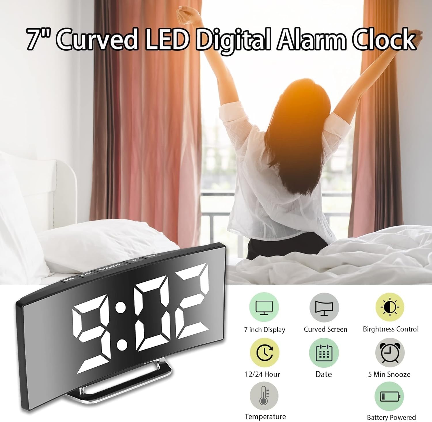 QIMIT Plastic Digital Alarm Clock,7 Inch Led Mirror Screen Alarm Clock On Bed,Snooze Mode,2 Brightnesses,Alarm Clock for Bedroom,Kitchen,Office,USB Charging and Battery Power (1,Multi)