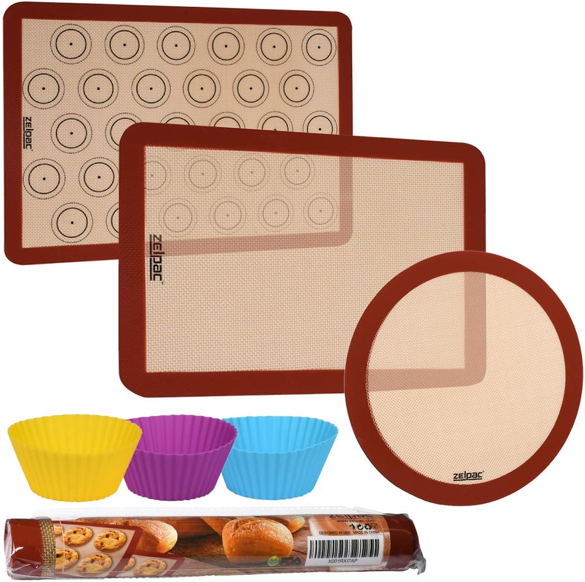 Zelpac Silicone Baking Mats – Professional BPA Free, Nonstick Reusable Liner for Baking Pans and Sheets – Set of 3, Large, Medium, and Round – Microwave, Oven, Freezer, and Dishwasher Safe