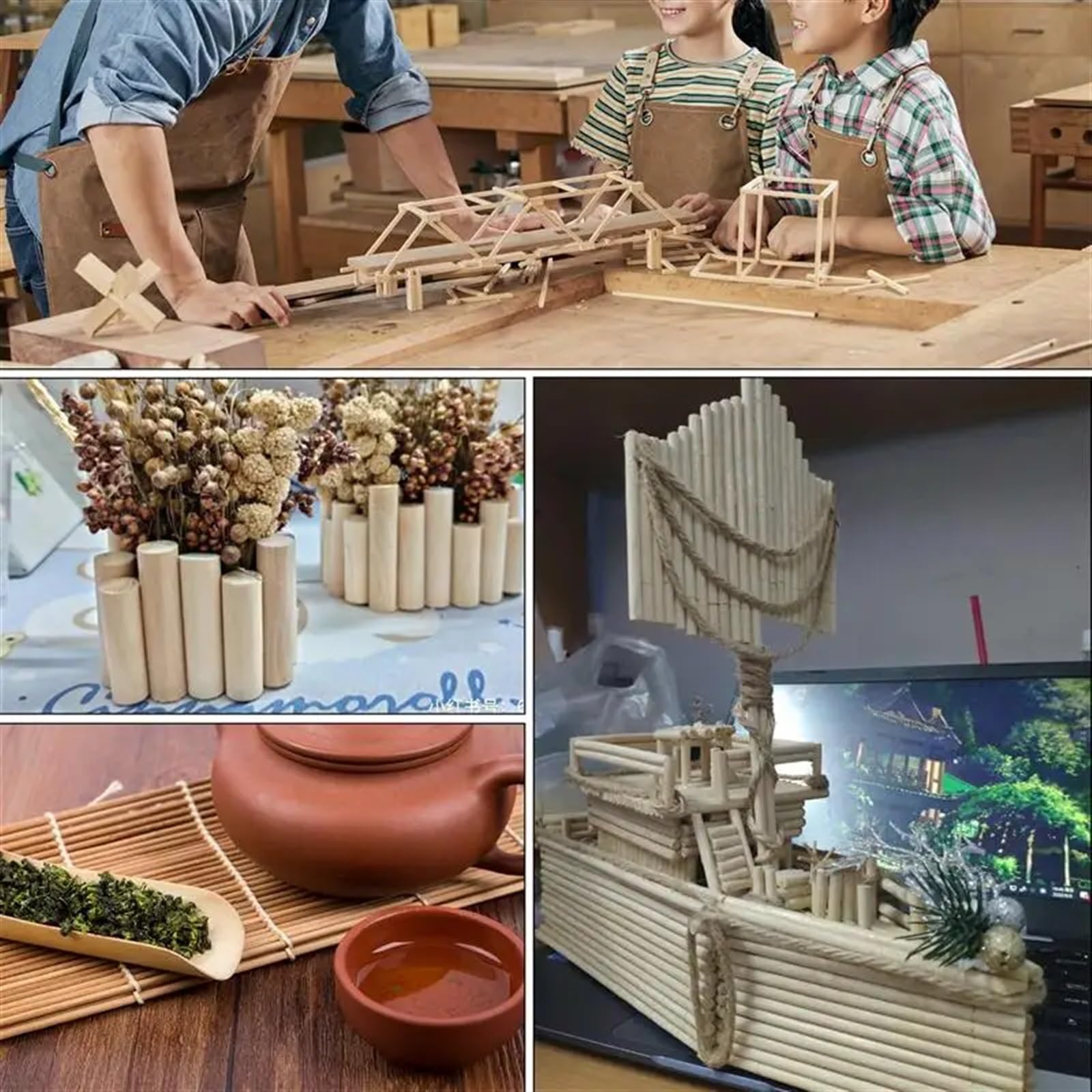 Palos de Madera Hechos a Mano, Palillo Redondo de Madera for Manualidades, Helados y maquetas Pasteles. Herramienta carpintería for Bricolaje(3x300mm 50 pcs)