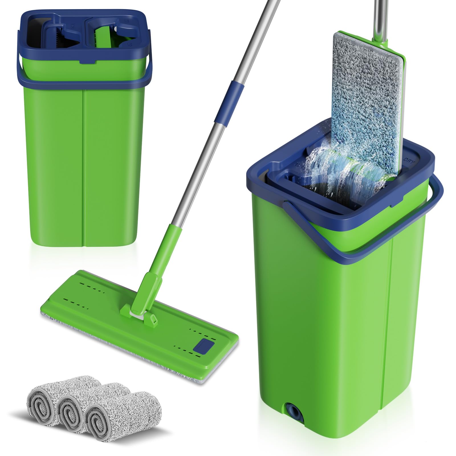 Serpillère Seau Essoreur, Balai Serpillière Plat Microfibre avec 5 Serpillères Réutilisables, Serpillère et Seau Essoreur avec Manche INOX, Serpillere Balais Nettoyer Sol(Vert)