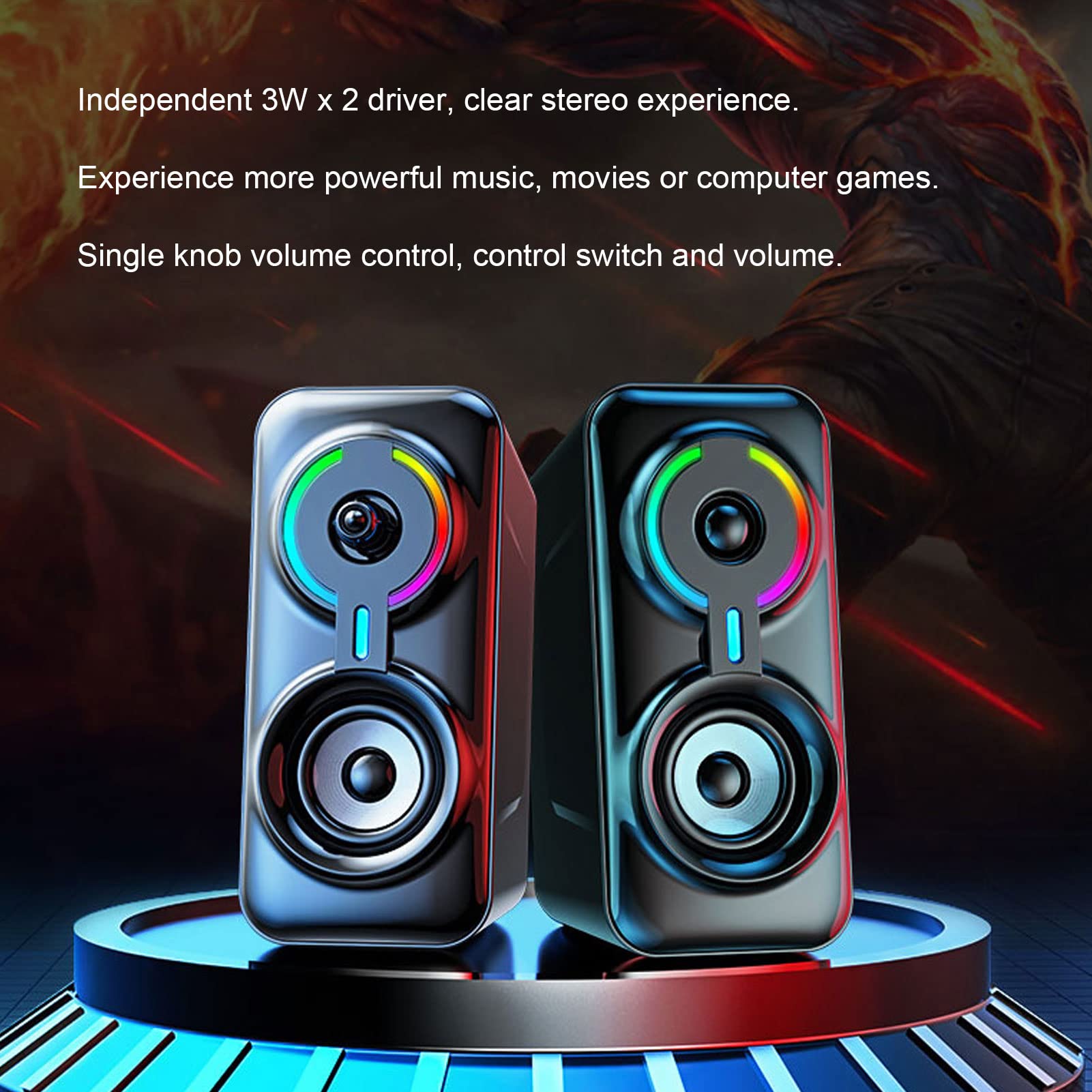 Głośnik komputerowy RGB LED do gier, przewodowy system głośników stereo z subwooferem, 3 W głośniki biurkowe zasilane USB z AUX 3,5 mm i gniazdem słuchawkowym do PC, laptopa, telewizora