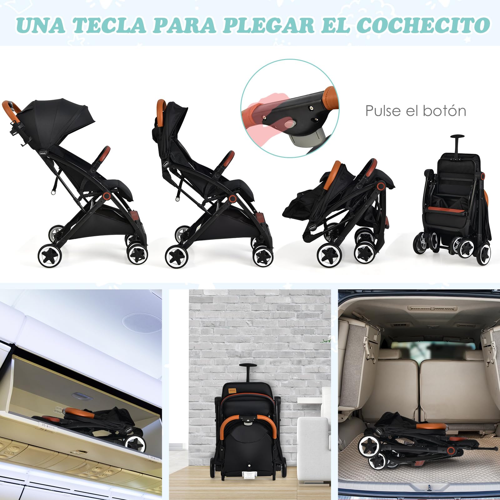 COSTWAY Silla de Paseo Plageble, Cochecito Ligero para Bebé, Carrito de Viaje con Capota Reclinable, Portavasos, Arnés de 5 Puntos, Respaldo Ajustable, Saco para Pies, Almacenamiento Inferior(Negro)