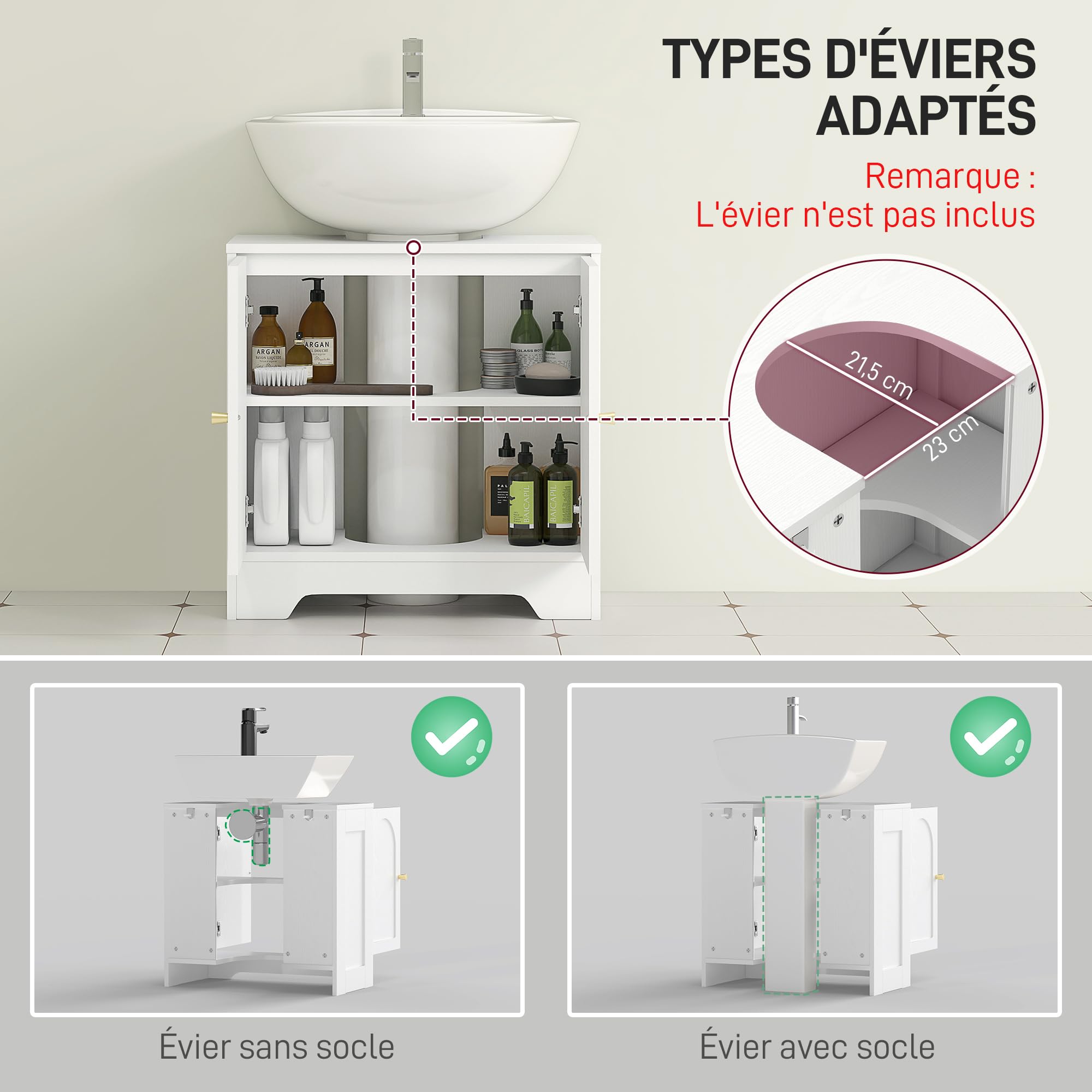 HOMCOM Meuble sous lavabo avec/sans Pédestal Socle 60 x 30 x 65 cm Blanc | Salle de Bain, Meuble sous Vasque, Armoire de Rangement pour Lavabo, Placard à Portes, Étagère Réglable, pour Bassin