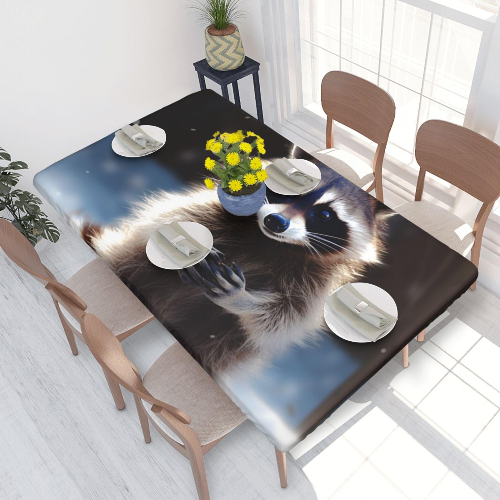 DCARSETCV raccoon Printed 4FT Waterproof Tablecloth with Elastic Edged Protect & Decor Your Table, Oil-proof Washable Table Cloth Cover for Dinner Picnic Party