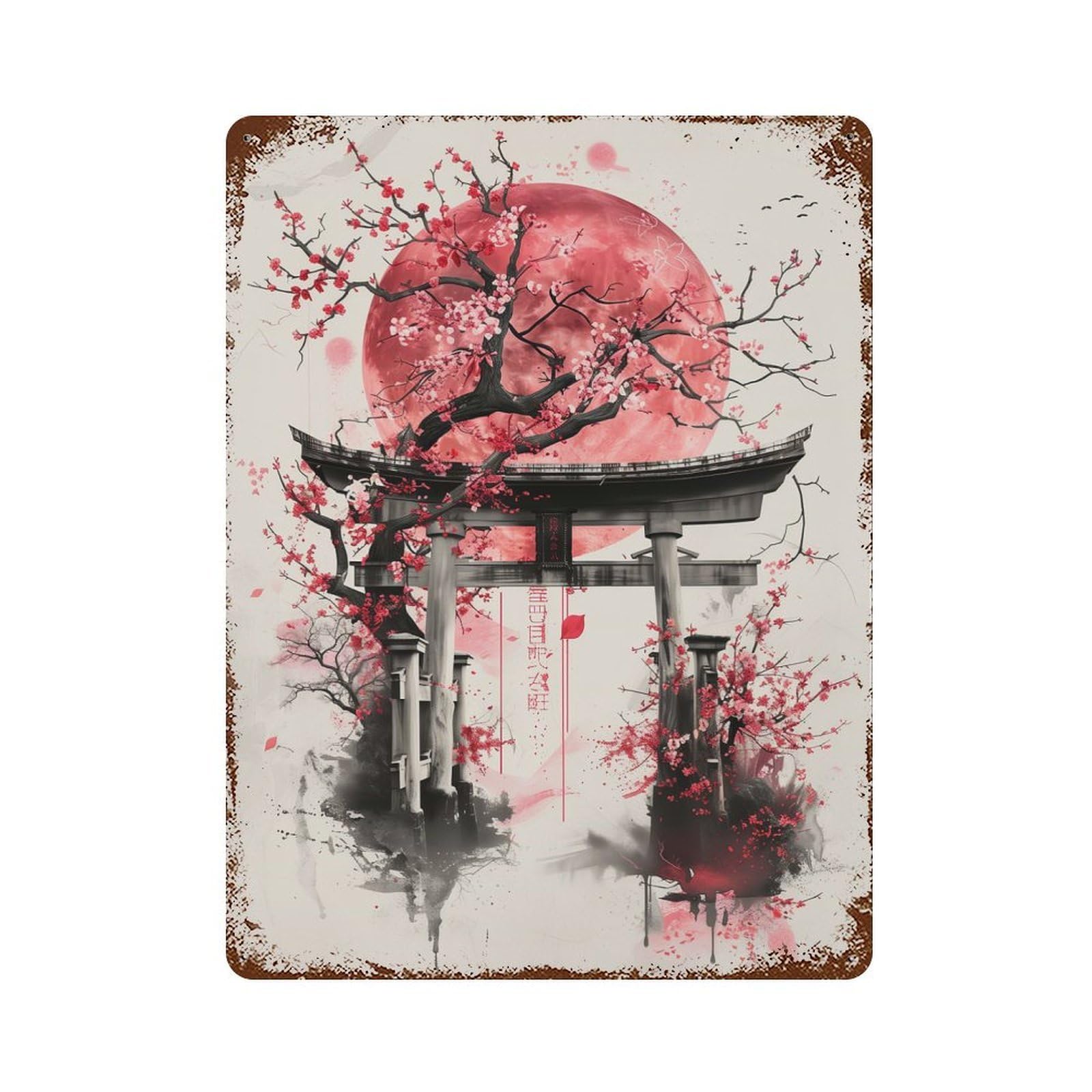 Torii Gate Sakura Weathered Tin Sign 15.7"x11.8", Vintage Wall Decor for Garage, Pub Or Kitchen
