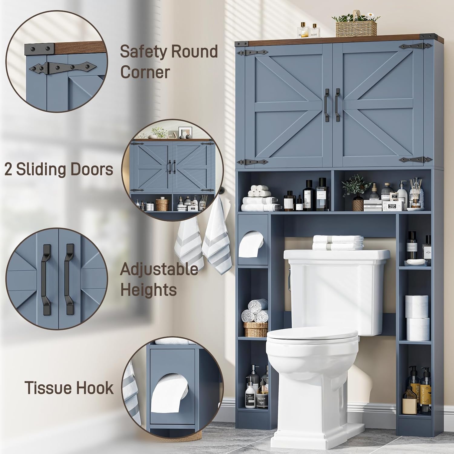 Vabches Over The Toilet Storage Cabinet, Farmhouse Storage Cabinet Over Toilet with 2 Barn Doors ，Toilet Paper Holder Stand，Home Space-Saving Toilet Rack, for Laundry, Restroom, Bathroom.Blue