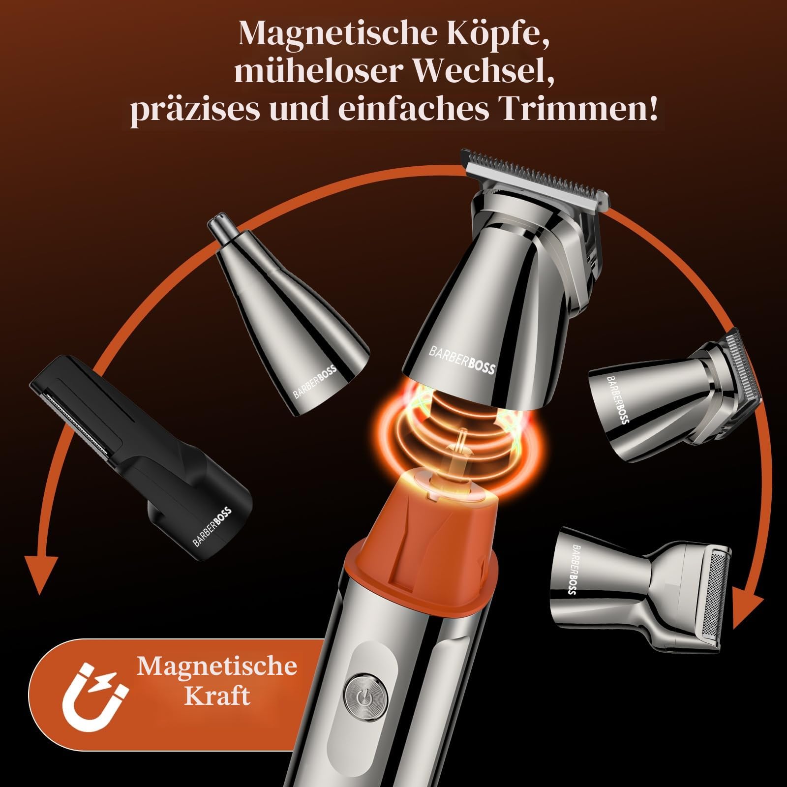 BarberBoss rasierer herren elektrisch, bartschneider herren, 5-in-1 Pflegeset für Männer, Haarschneidemaschine, Bartschneider-Set, Detailrasierer, Präzisionstrimmer für Nase, Ohren & Körper, QR-6010