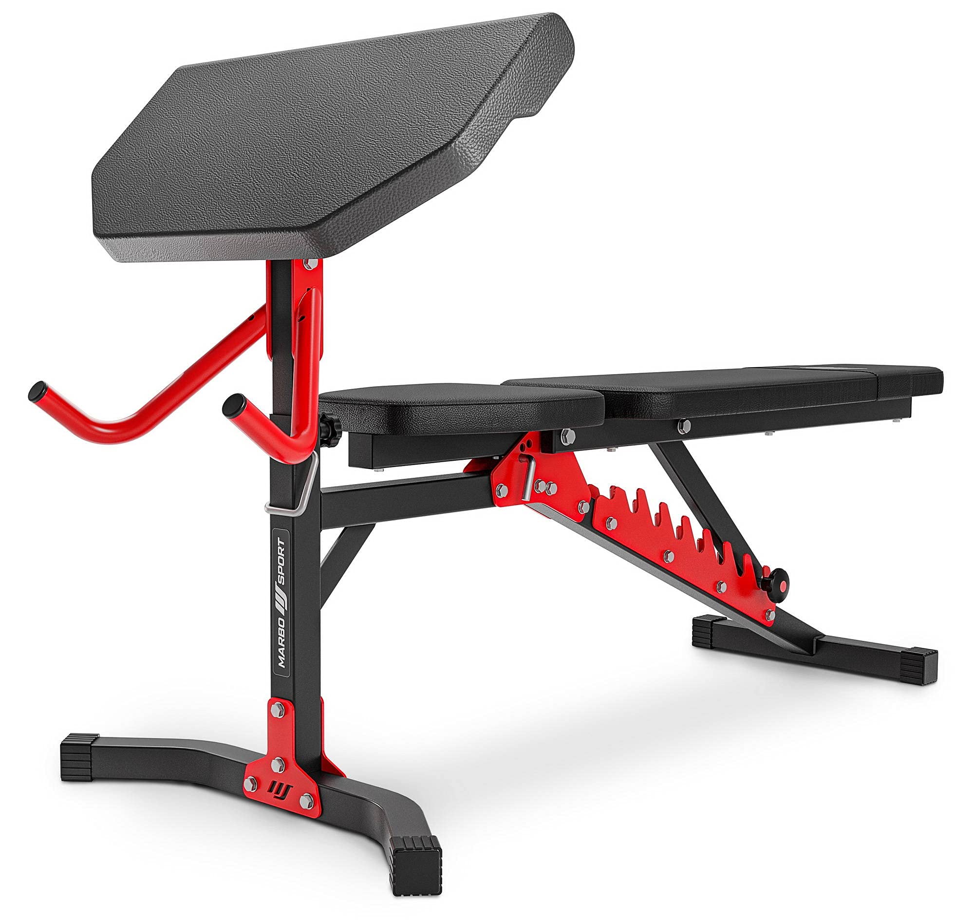 Marbo Sport Set MH25_162KG_Kier 2.0 | Banco de Pesas Ajustable + Soporte de Pesas MH-S201 + Entrenador de piernas + jalón Lateral + Banco Scott + Barra/Juego de Placas de Pesas 113 kg| Made in EU