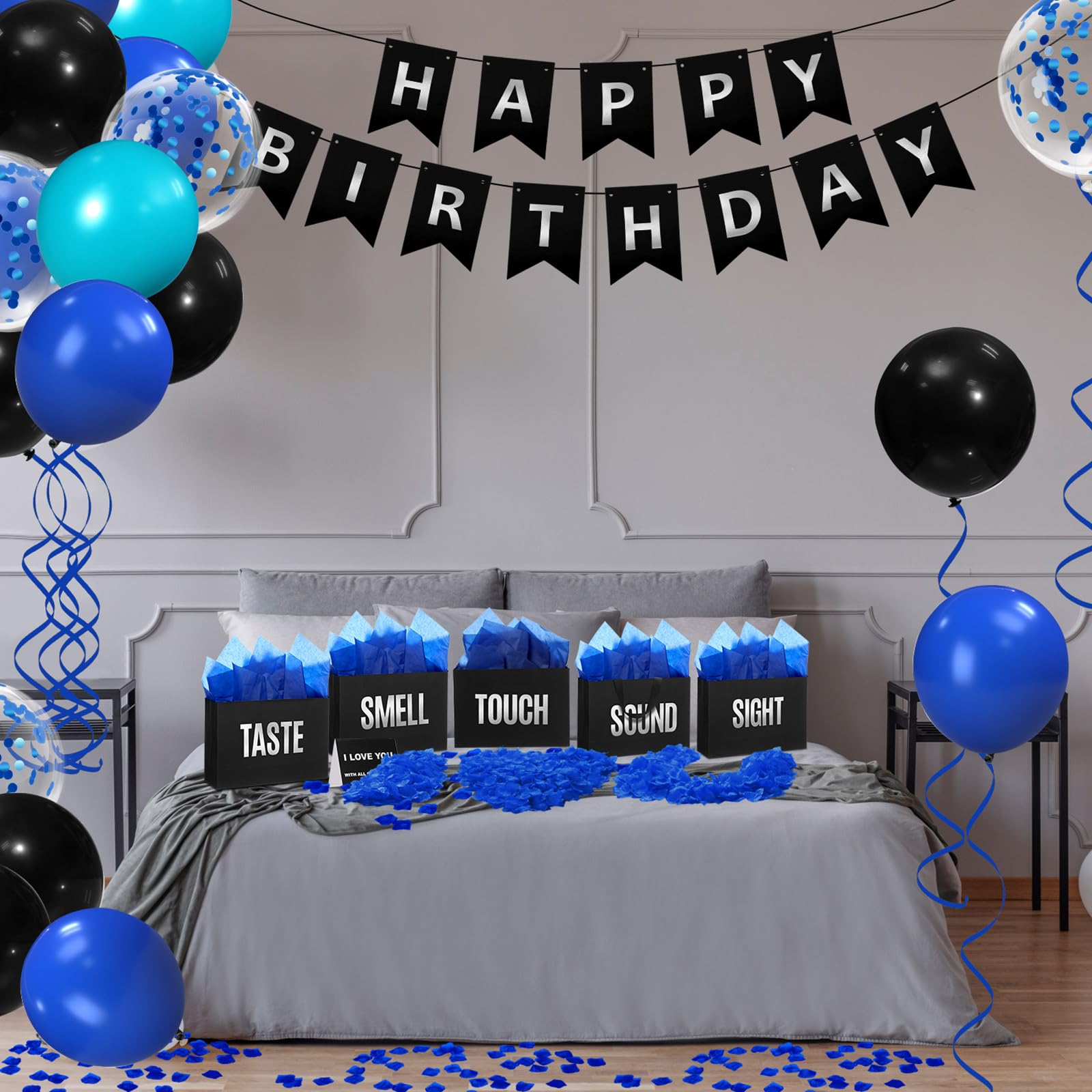 Soulchen 5 Senses Gift Bags for Him Her with Labels, Five Senses Gift Birthday Party Decoration Tissue Paper Handles, Comes with Rose Petals Banner Balloons for Party(Birthday,Blue Black)