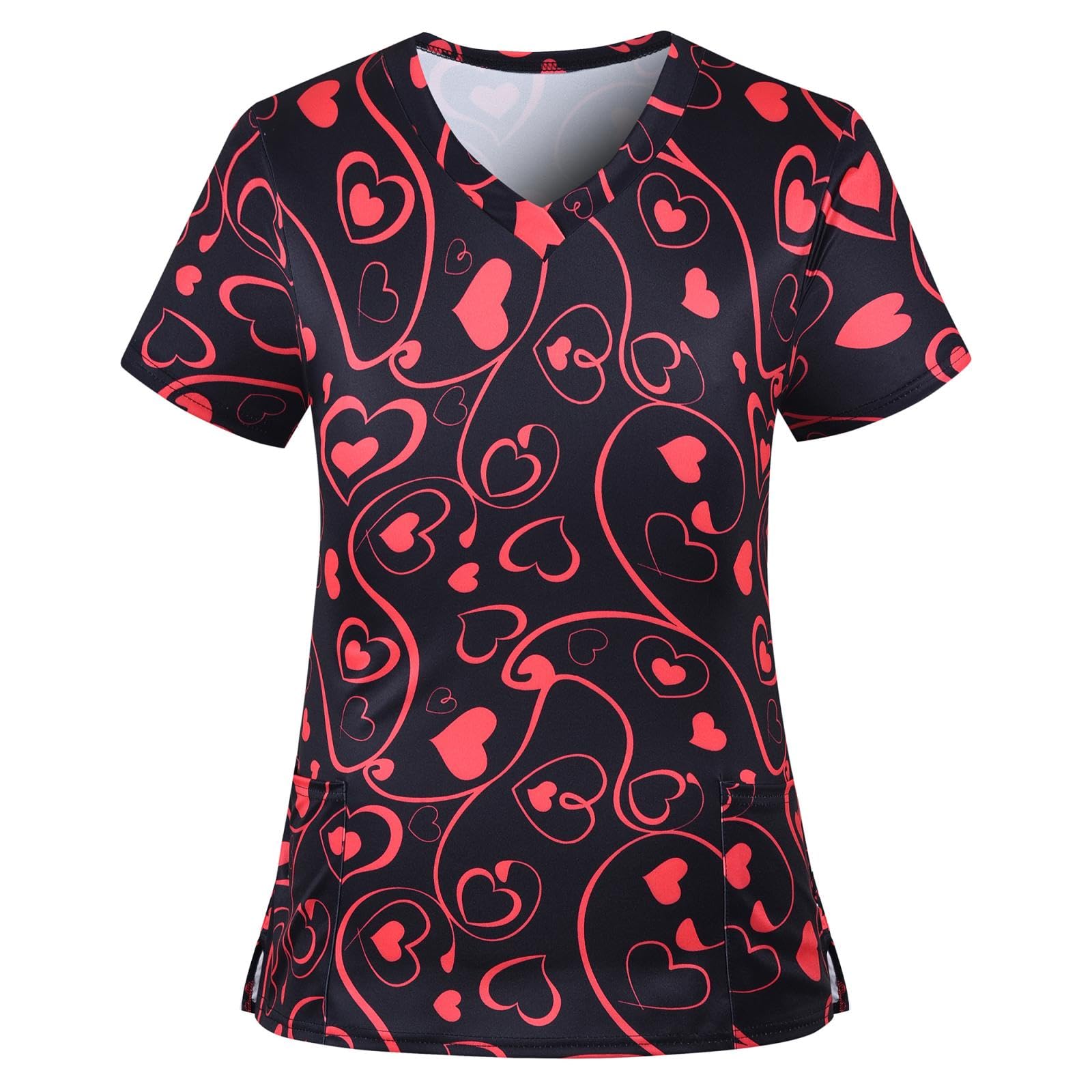 Valentines Day Scrub Tops Women Short Sleeve Vneck Love Heart Printed Nurse Working Uniforms Holiday Pocketed Tshirt
