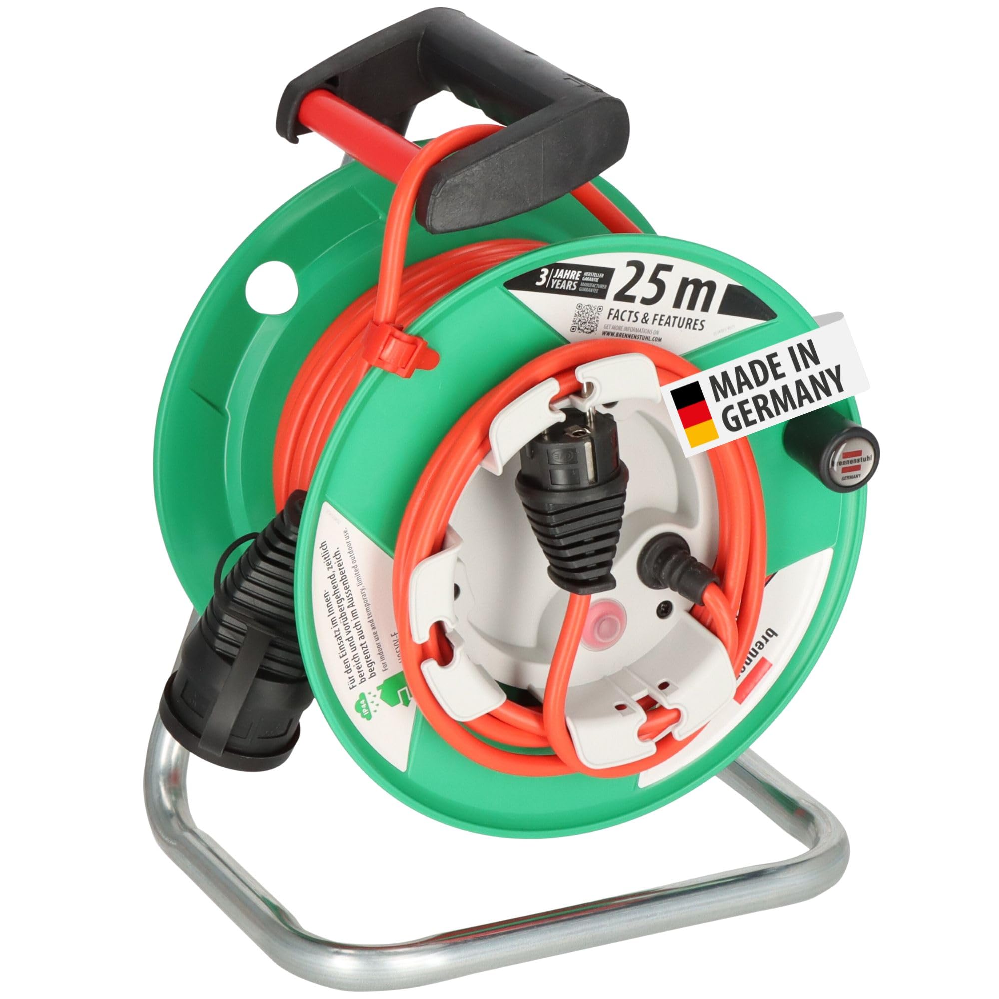 Brennenstuhl Garant® G IP44 enrollacables para jardín 23+2m con acoplamiento externo (cable de 25m en color rojo, uso corto en exteriores, Made in Germany) | Carrete de cable para cortacésped, plástico especial, uso temporal y temporal, al aire libre, fab