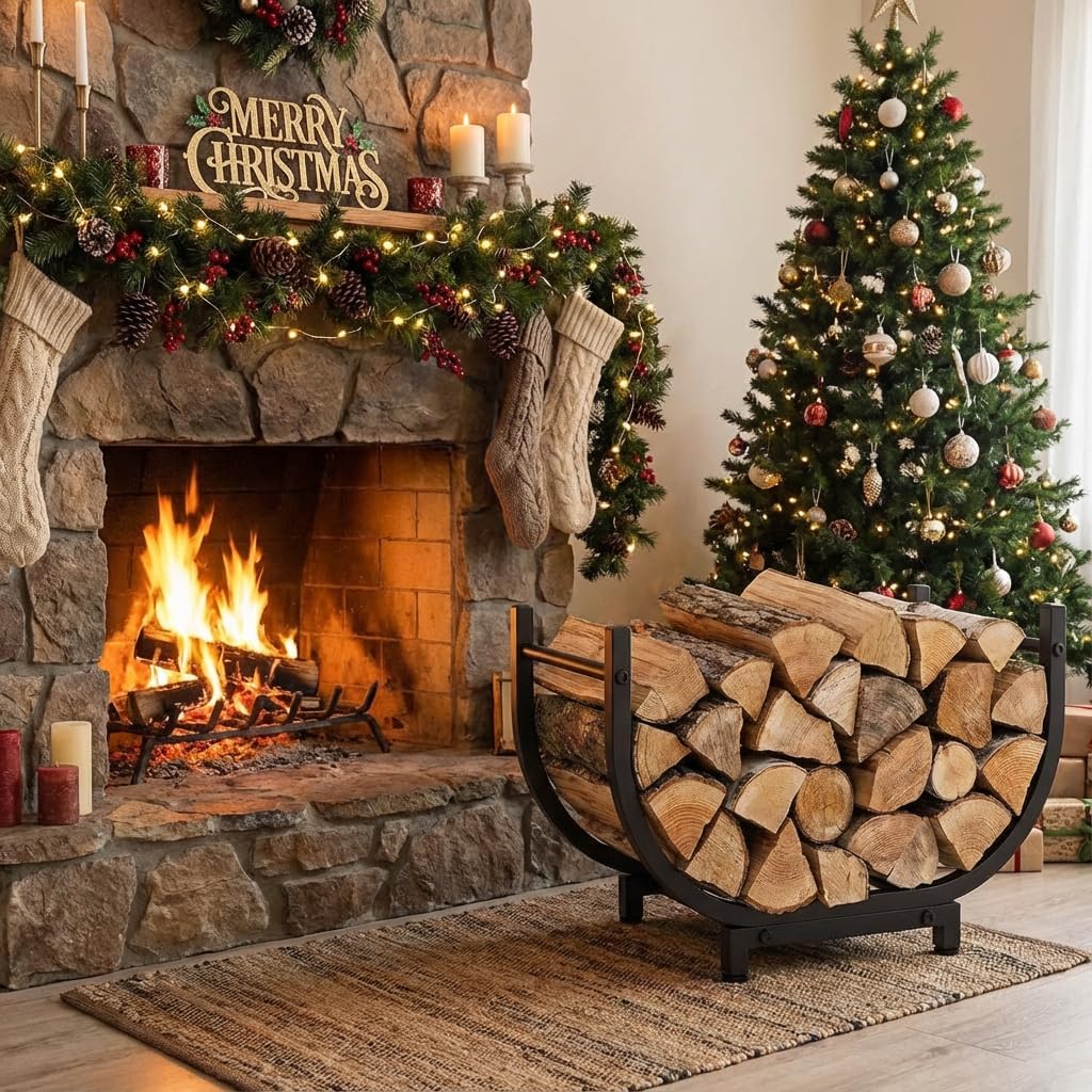 Small Firewood Rack, Indoor Outdoor Log Holder, Rustic Decorative Firewood Storage Rack, Wood Holder for Fireplace, Patio, or Backyard (black)