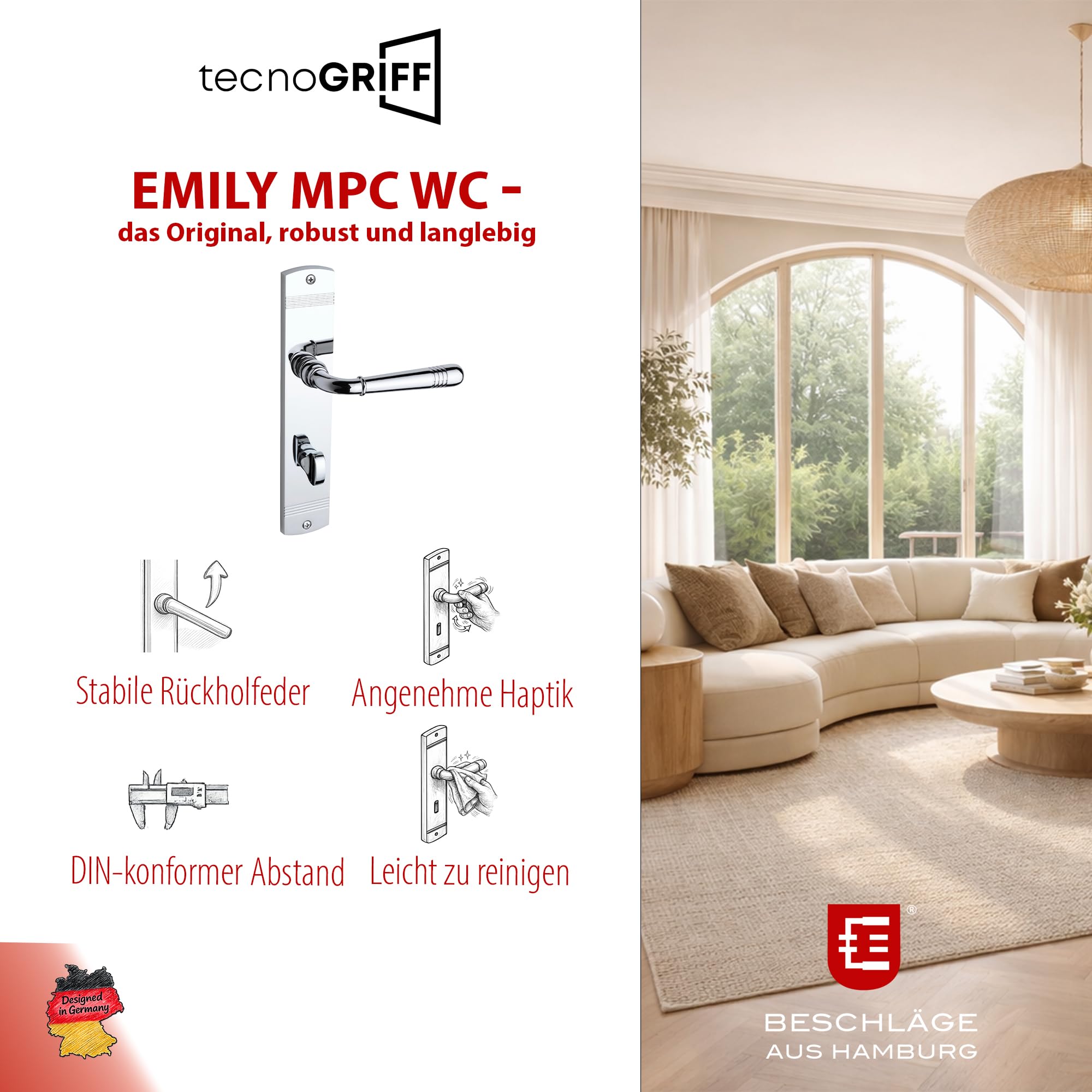 Beschläge Hamburg Türbeschlag EMILY ART 70-09Z MPC WC – Türklinke in Chrom poliert, 90 mm WC/Bad Verriegelung, Drückergarnitur für Innentüren – NUR für ÖNORM/ÖSTERREICH