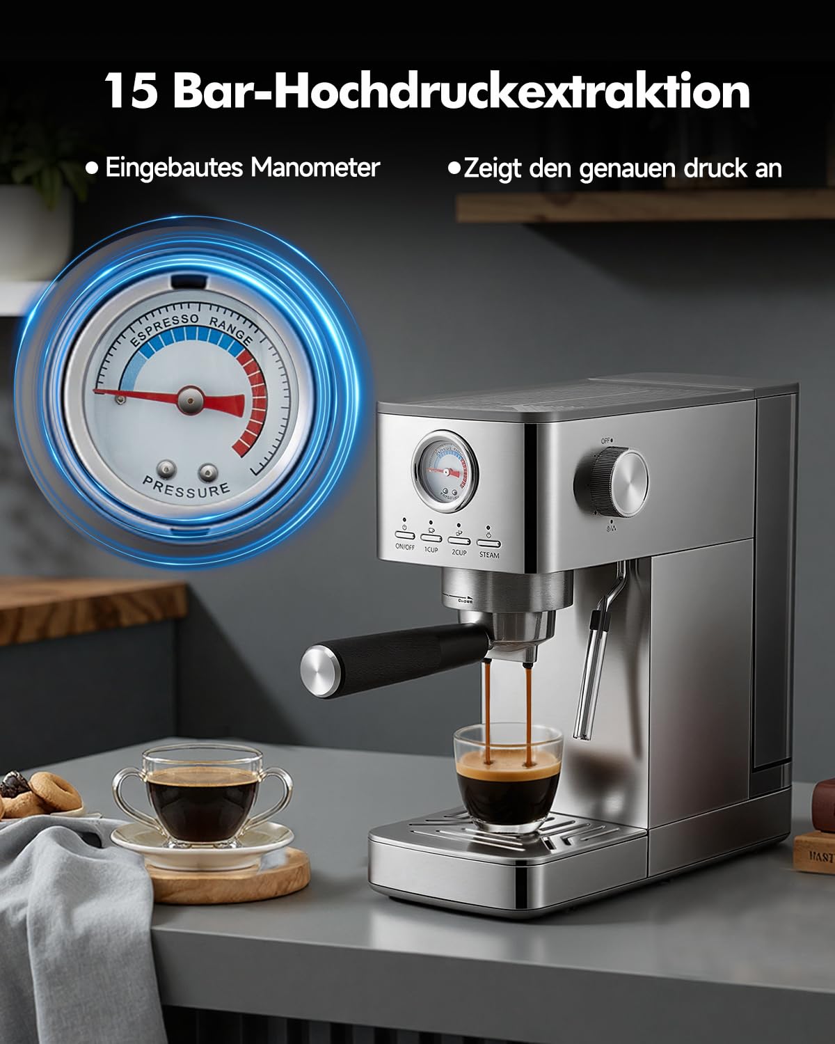 HAUSPROFI Siebträgermaschine Espressomaschine 15 Bar Manometer 1,4L Wassertank Kaffeemaschine Silber