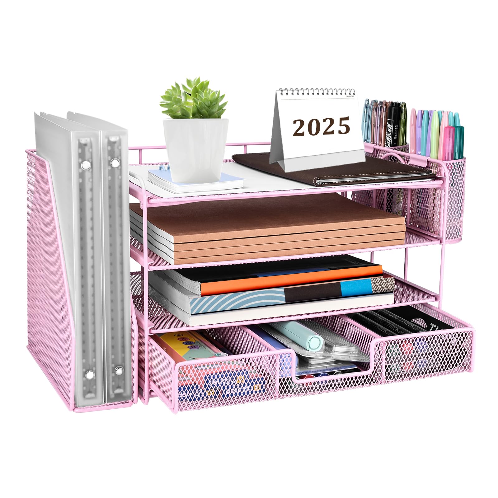 Organiseur de bureau contre le désordre avec 4 niveaux de tri et tiroir rose