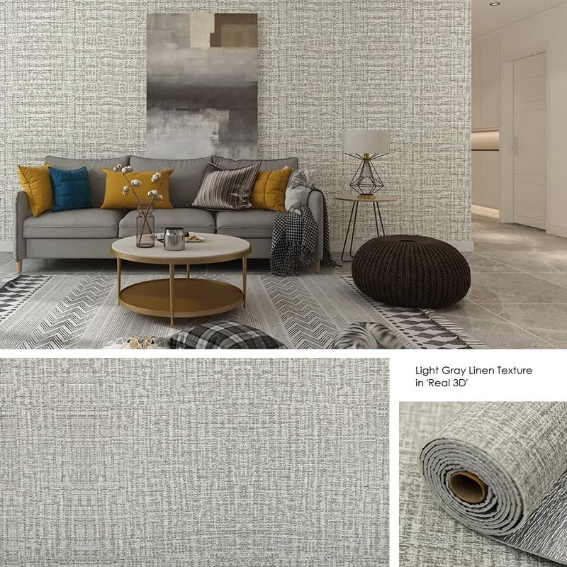 Image of Textured Linen Wallpaper for Walls Sticker Roll (3 Pcs) I 3D Foam Wallpaper for Full Wall, Furniture I Fabric, Waterproof, Large (Light Grey; 3 Pieces of 3 Meter x 0.7 Meter Each)