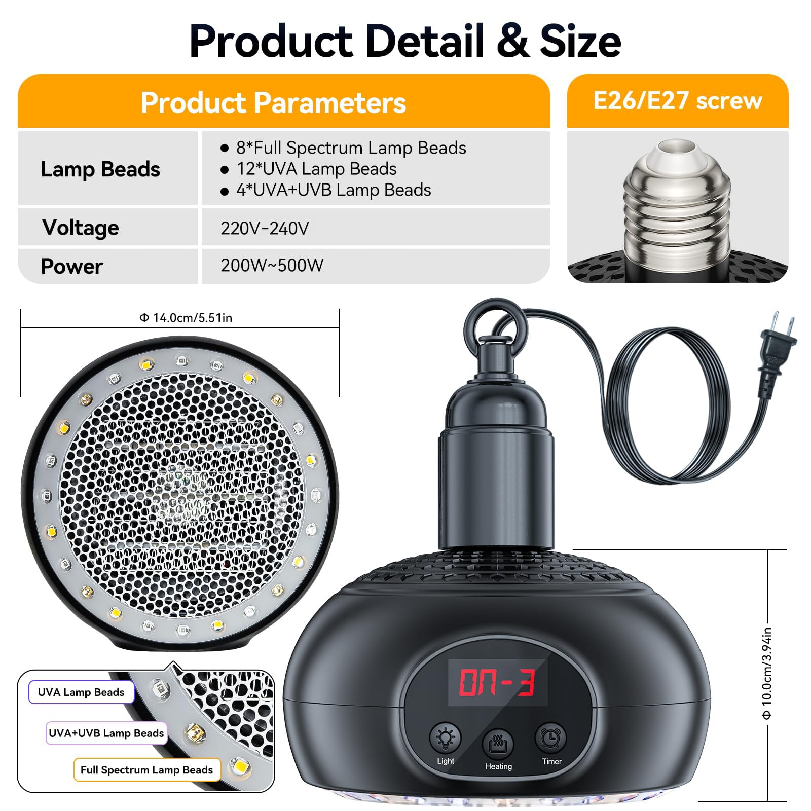 testyu Lampade Riscaldanti per Pollaio, Lampada Riscaldante da 200 W-350 W-500 W per Rettili con Luce UVA/UVB 3-6-9-12H Timer, Lampada Riscaldante Portatile per Serre, Rettili, Cani e Gatti