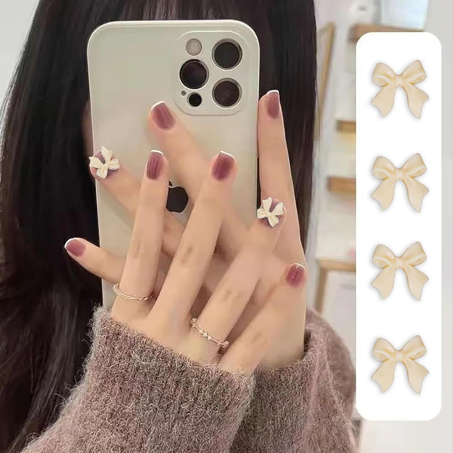 100 Pcs Light Cream 3D Bow Nail Charms for Women, Resin Bowknot Nail Art Decorations Rhinestones for DIY Acrylic Nails, 11mm Nail Accessories image 5
