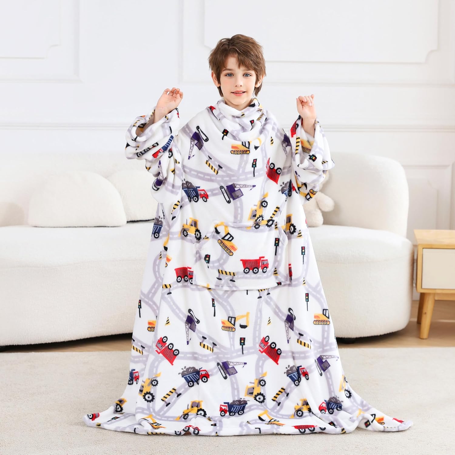 Viviland Wearable Fleece Blanket Hoodie, Blanket Hoodie for Kids with Sleeves & Foot Pocket, 47" X 47" Lightweight Soft Like Flannel, White Truck Pattern - Image 8