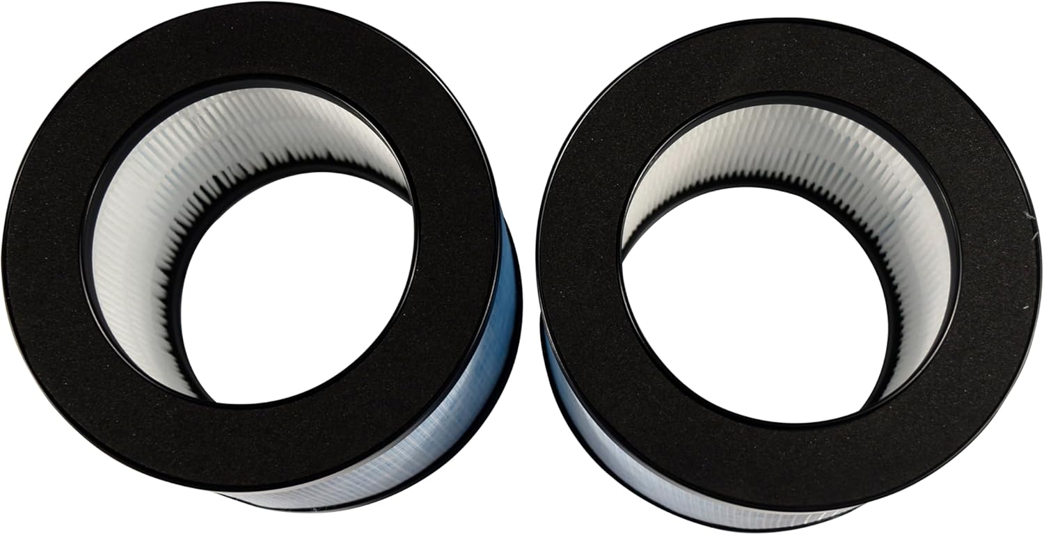 Two HQRP MK06 MK01 replacement air purifier filters viewed from the top, showing the circular opening and pleated filter material inside.