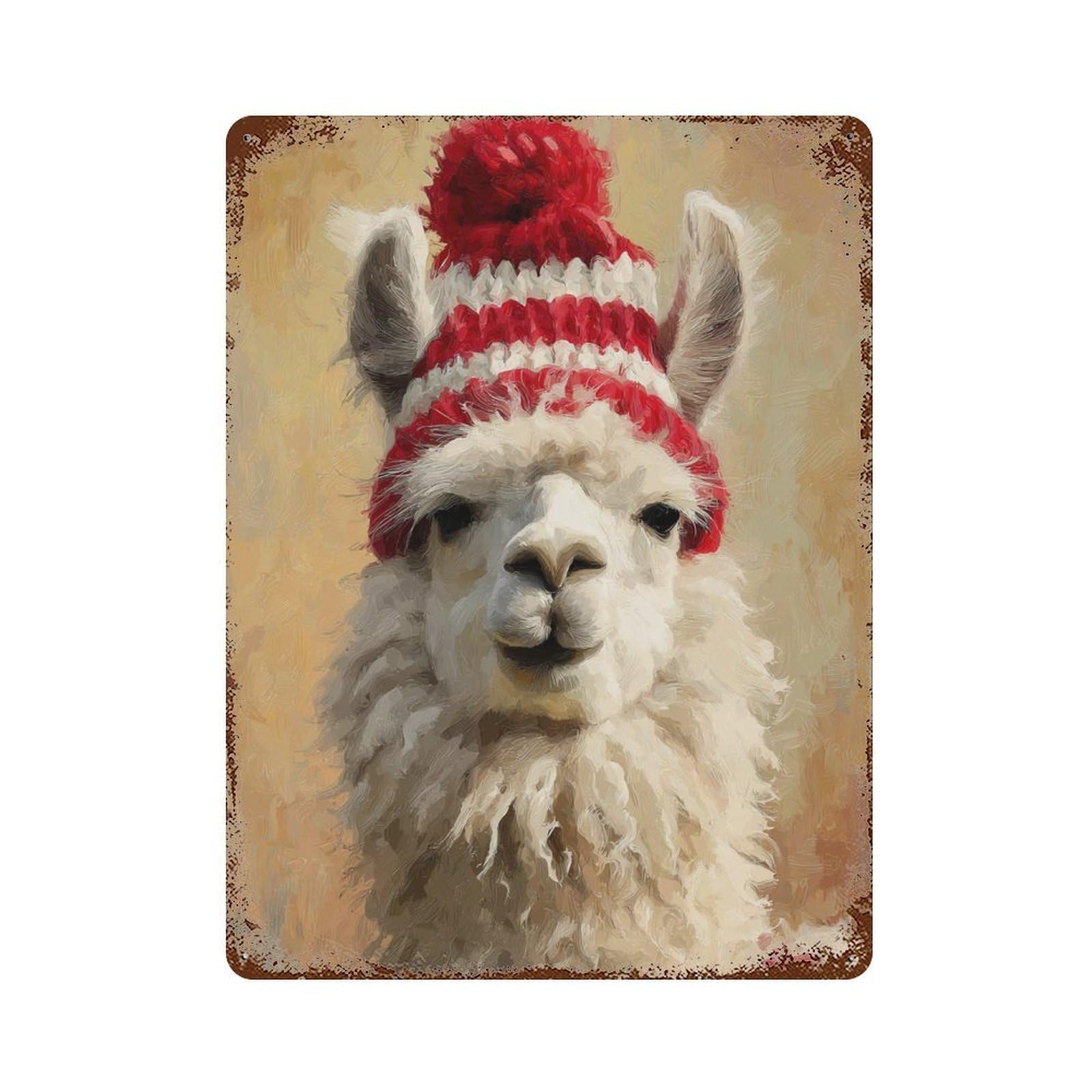 Christmas Llama with Red Hat 15.7"x11.8" Distressed Metal Wall Sign, Shabby Chic Decor for Shed, Workshop And Garage Wall Decor