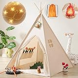 Tiny Land Tipi Infantil con Luces & Fogata Juguetes & Bolsa de Transporte, Lavable Tienda de campaña Infantil,Casa de Juegos para Interiores al aire libre para Niños Pequeño