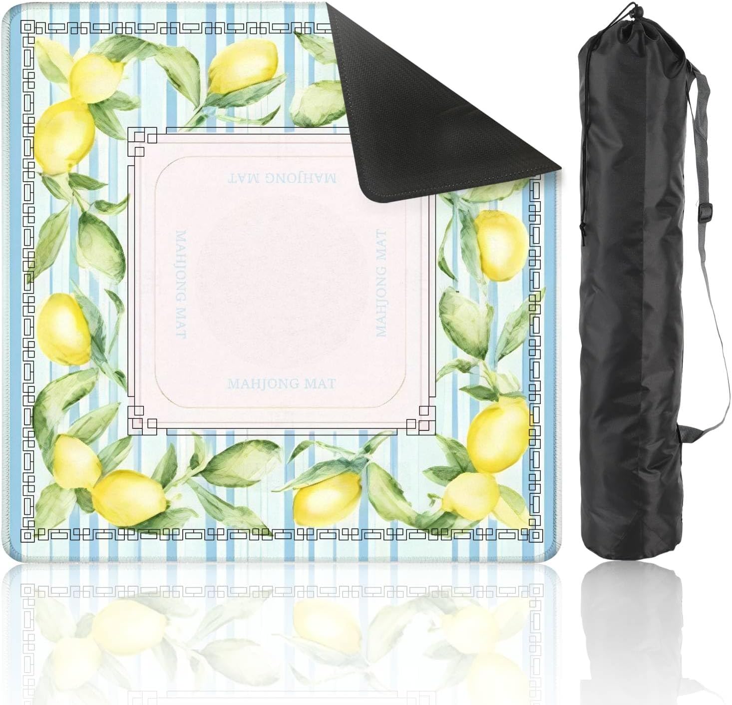 Mahjong Mat 31.5" x 31.5" Lemon Floral Border Design Soft Pink Teal Accents Non-Slip Noise Reduction Mahjong Tiles Table Cover for Dominoes Poker Card Board and Tile Games