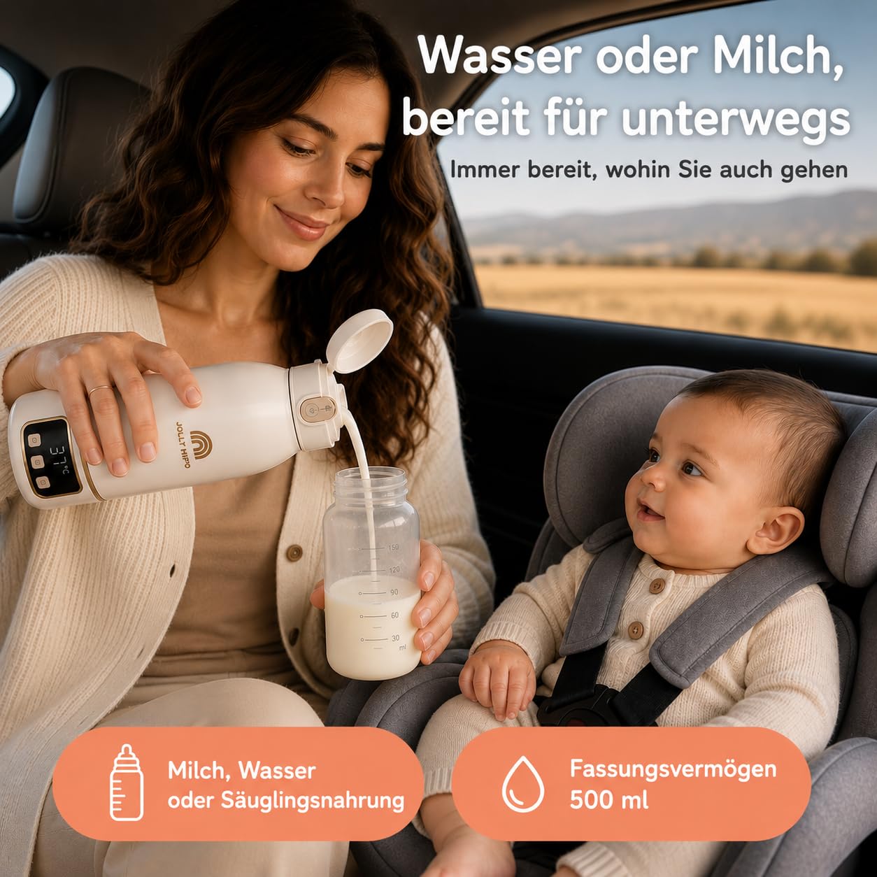 Flaschenwärmer Baby Unterwegs Tragbar Kabellos 500ml, Muttermilch & Wasser, Reise Auto Nacht, Silikonbürste Inklusive