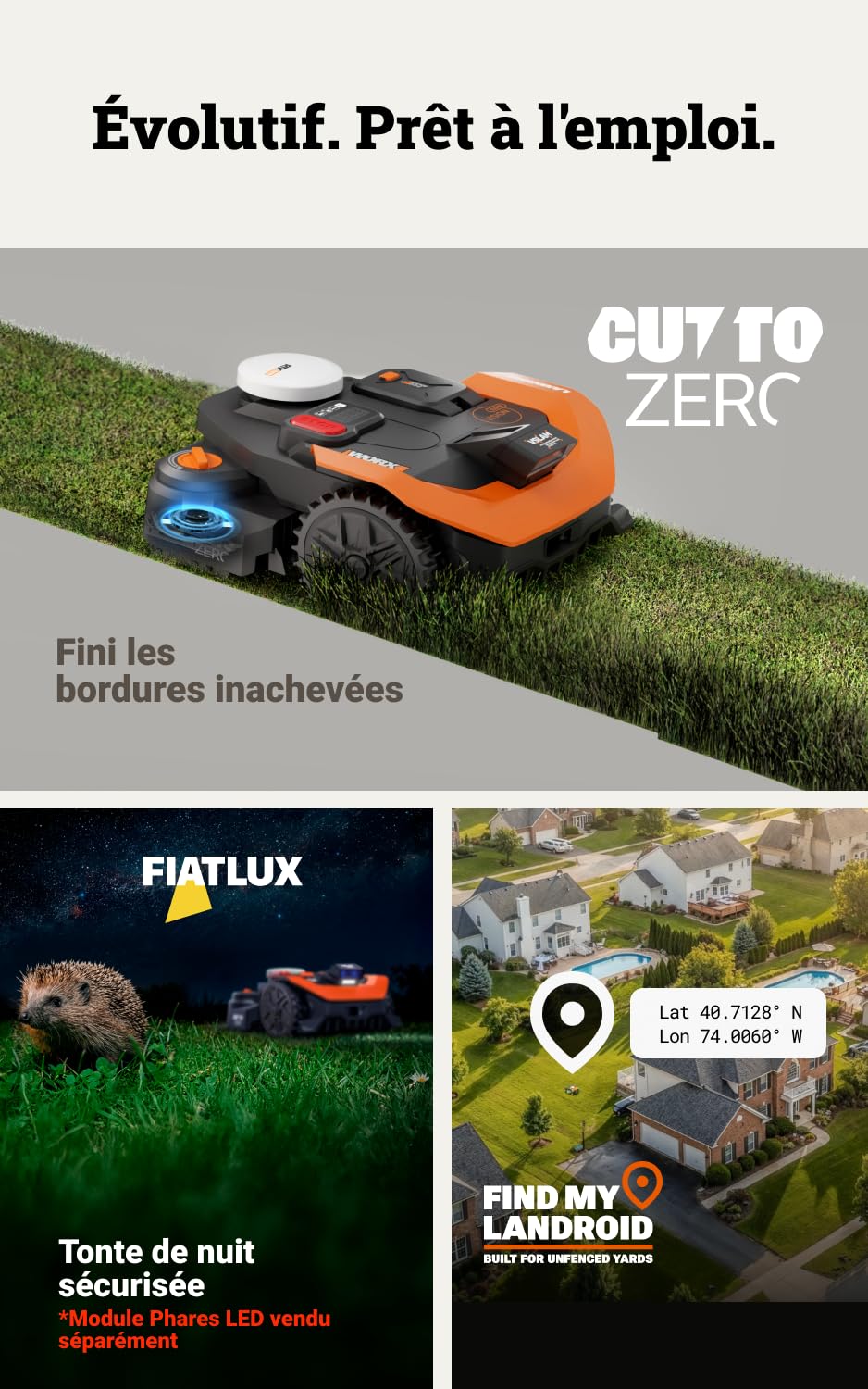 WORX Vision Cloud 2WD WR318E Robot tondeuse 1800 m² sans fil périphérique + Garage + Antivol + Brosse de roue + Lames longue durée (évitement d'obstacles IA, navigation VSLAM + RTK Cloud, Cut-to-Zero)