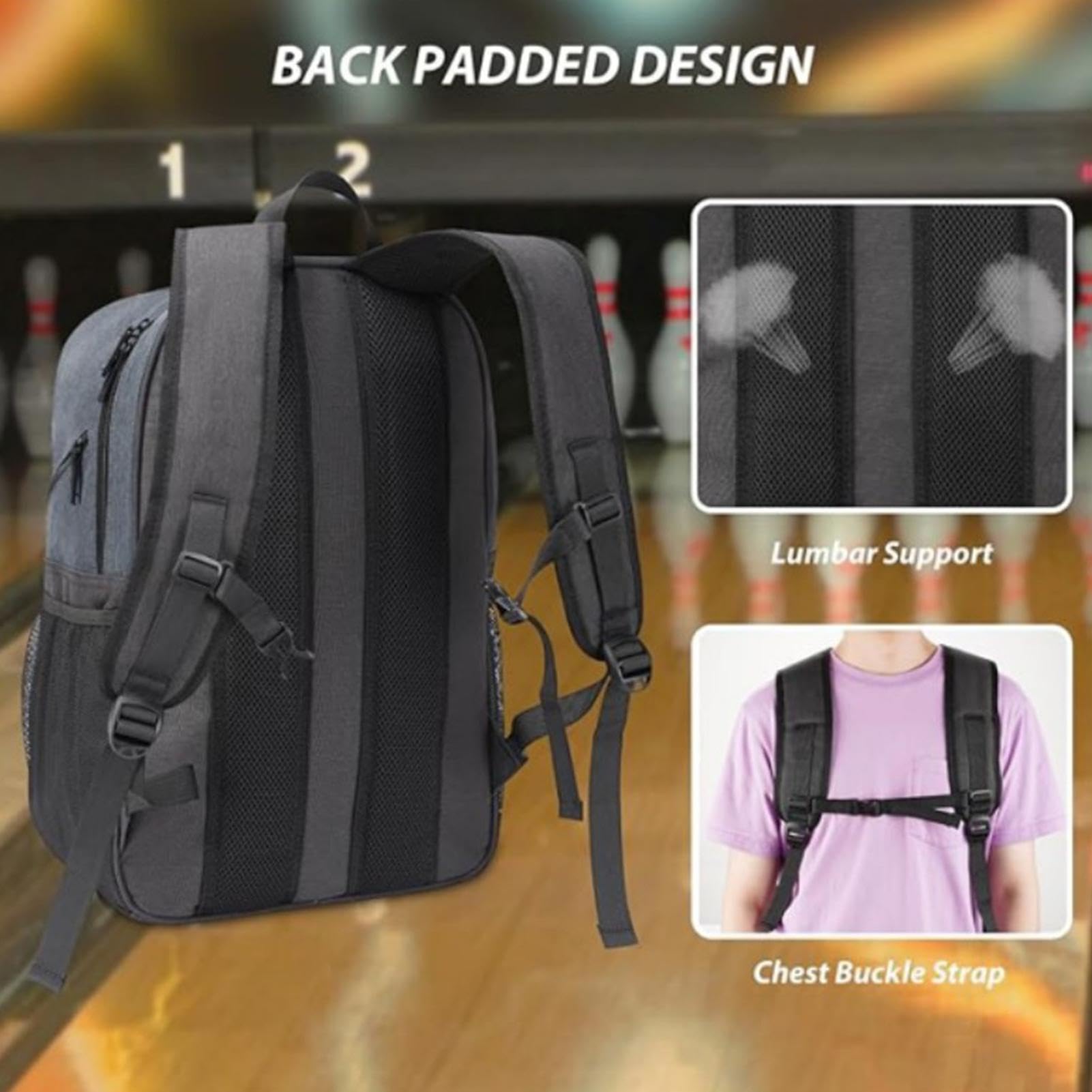 Borsa per palline da bowling, impermeabile, grande capacità con scomparto per scarpe, grigio., Vedere descrizione, Vedi descrizione | Borsa imbottita per giocatori maschili, asciugamani, scarpe, guanti, viaggi e competizioni