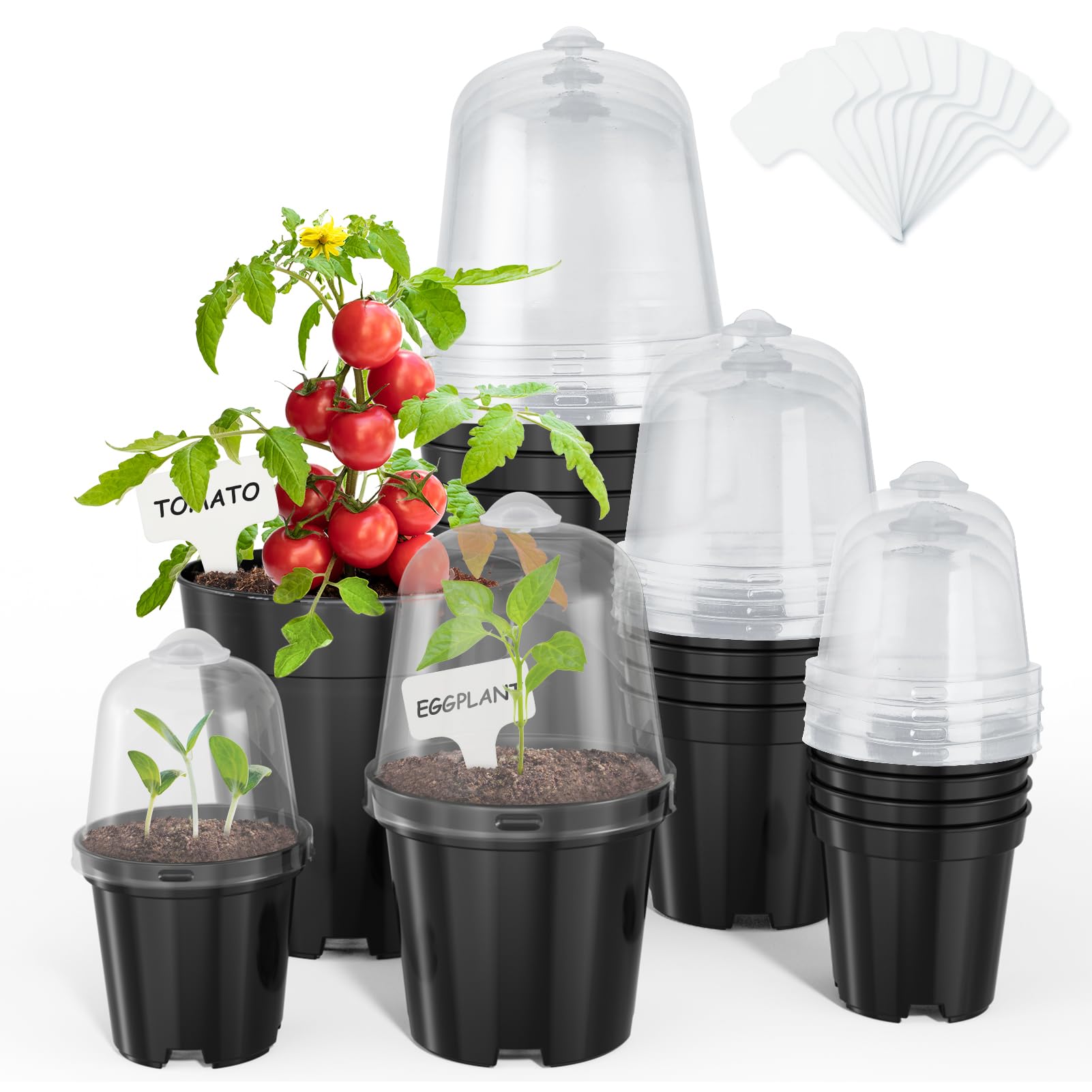 homenote 3/4/5 Inch Black Plastic Nursery Pots with Humidity Domes (15 Pcs)