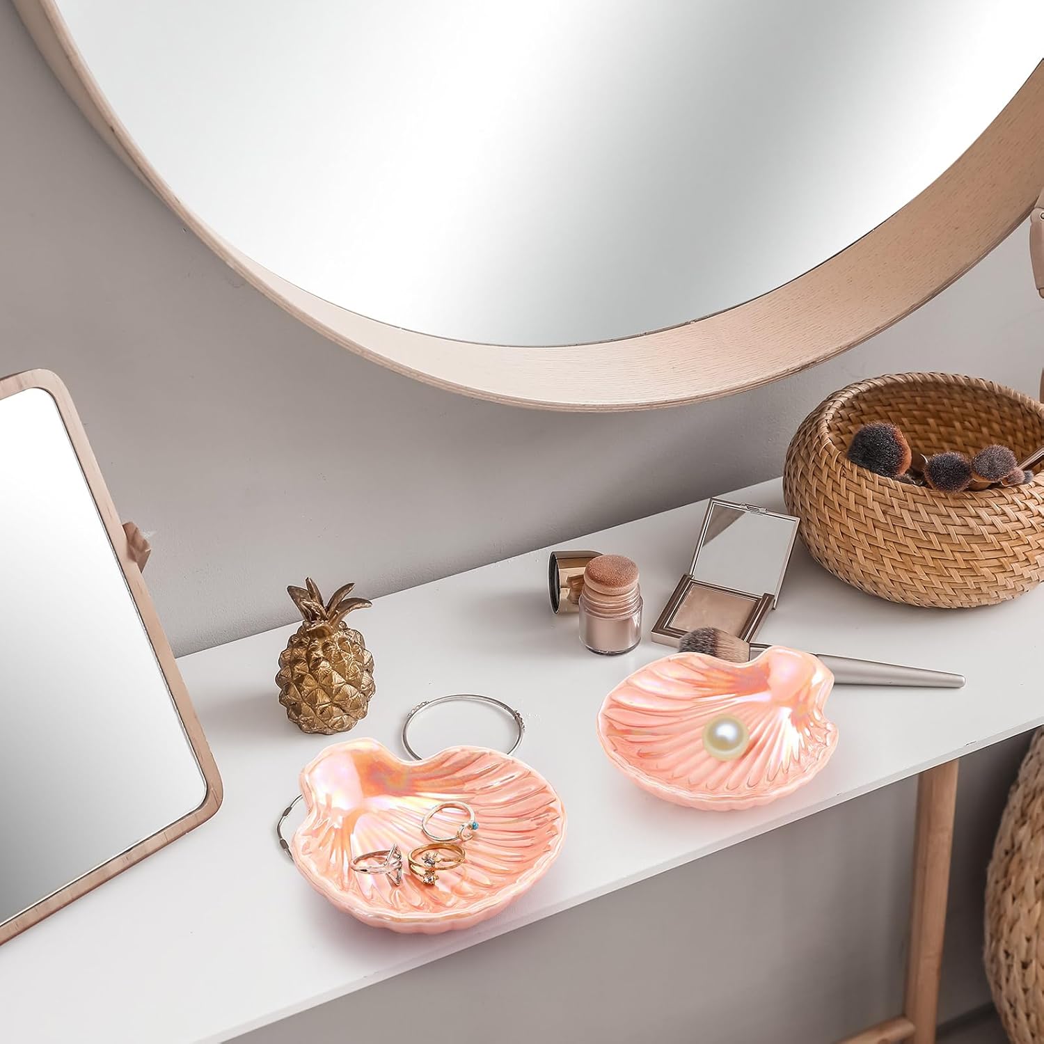 Teenyyou 8 Pcs Shell Ring Dish Ceramic Jewelry Trinket Dish Tray Seashell Ring Key Holder Bowl Beach Room Coastal Plate Decor for Home Bathroom Counter (Pink)