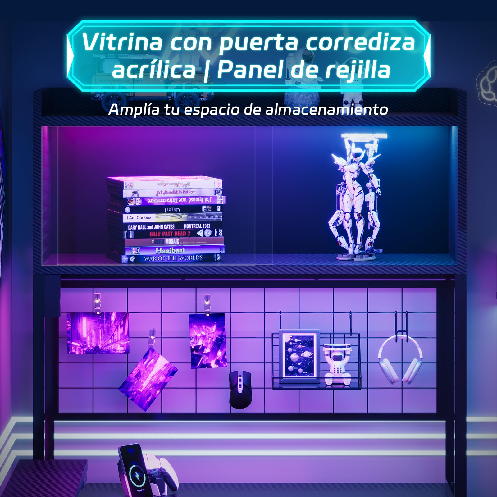 Devoko Escritorio gaming en forma de L con luces LED, 115 x 90 cm, escritorio para PC con enchufe de alimentación, 3 cajones, panel de rejilla, escritorio de E-Sports gaming, oficina, dormitorio