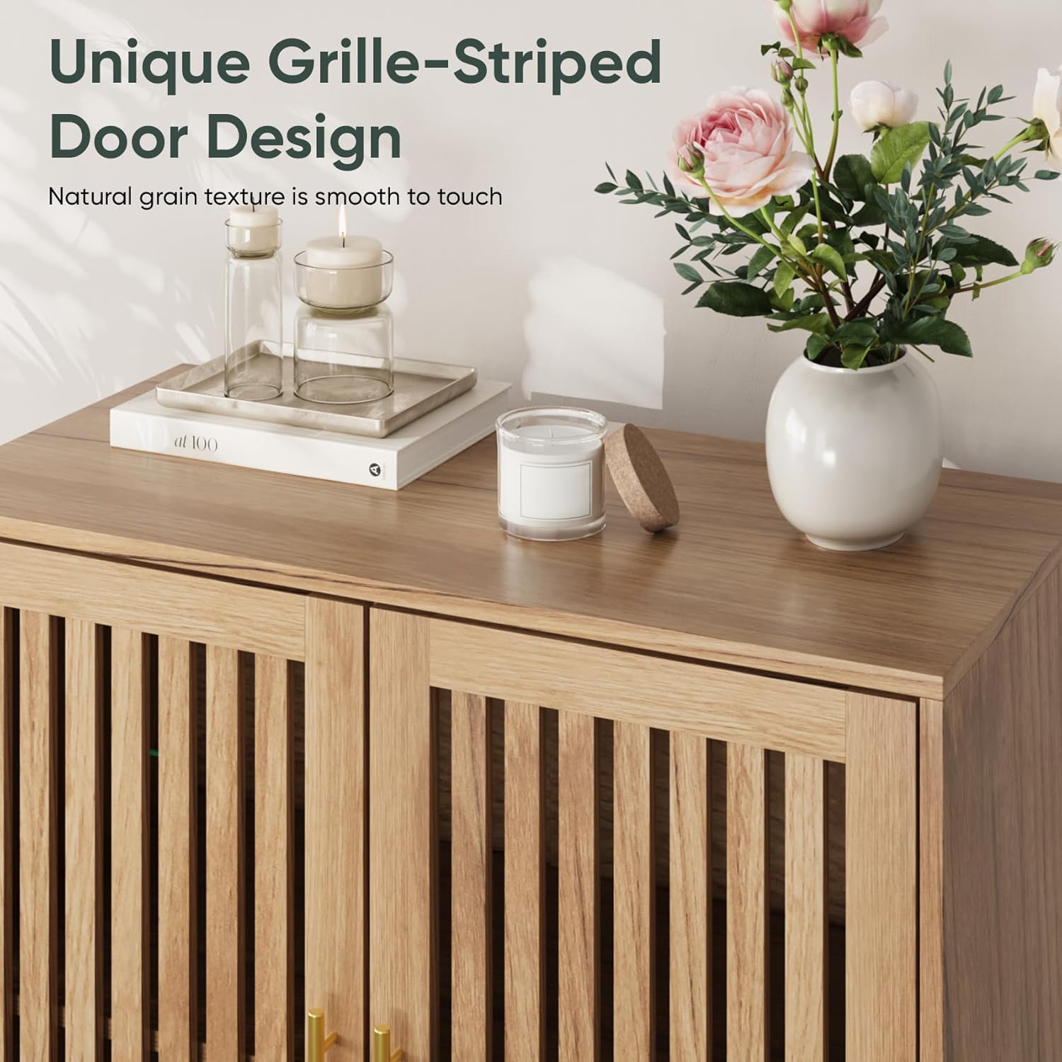 Sideboard Cabinet, 31.5" W Farmhouse Buffet Cabinet with Slatted Doors & Adjustable Shelf, Wooden Coffee Bar Storage Station for Kitchen, Dining Room, Living Room, Entryway, Natural Oak