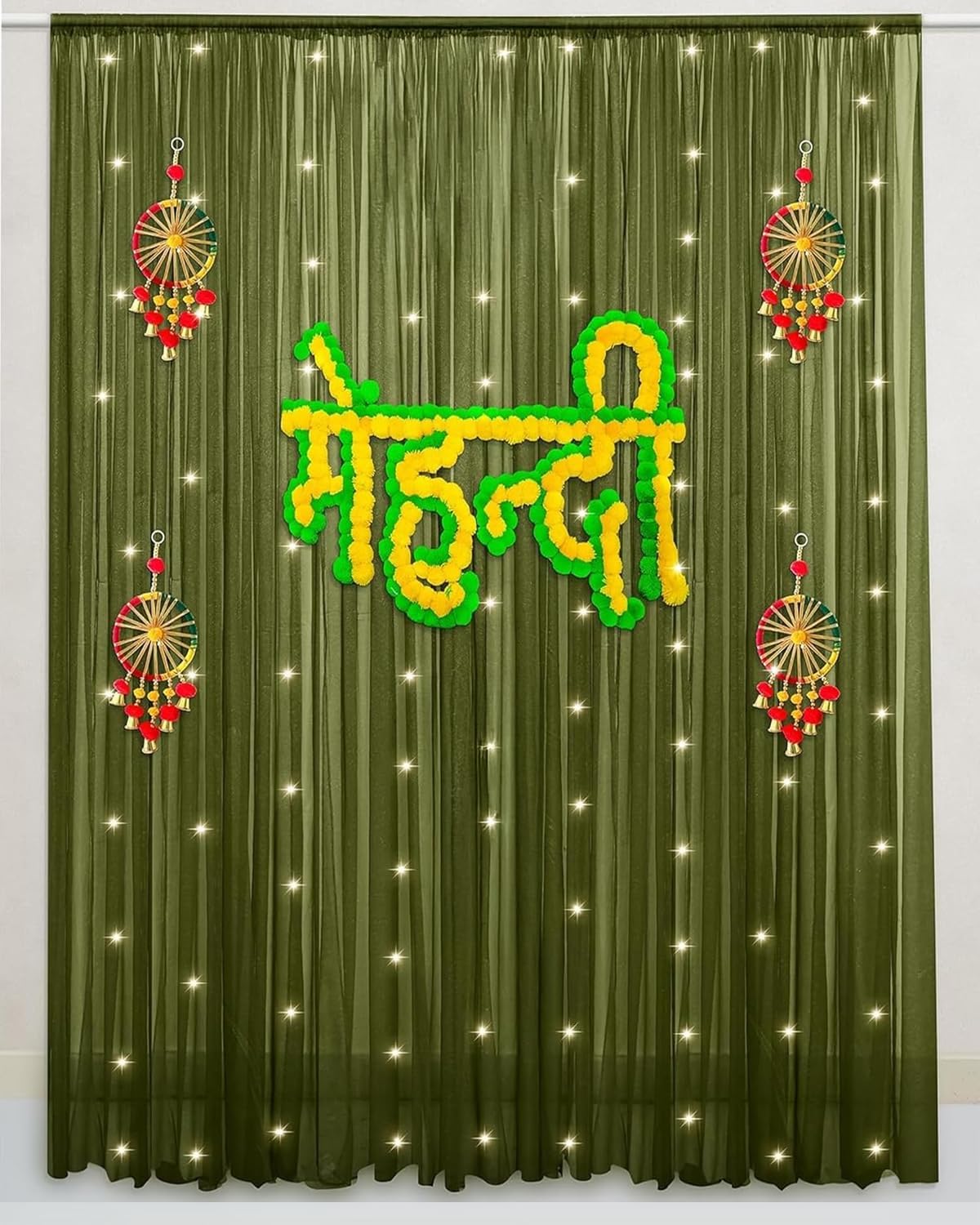 SpecialYou.in Haldi Mehendi Decor Items for Marriage kit with Green Chiffon Backdrop with haldi Mehendi Board Banner & Latkans, Home Decor for haldi Mehndi, Backdrop, Wedding decor-14pcs