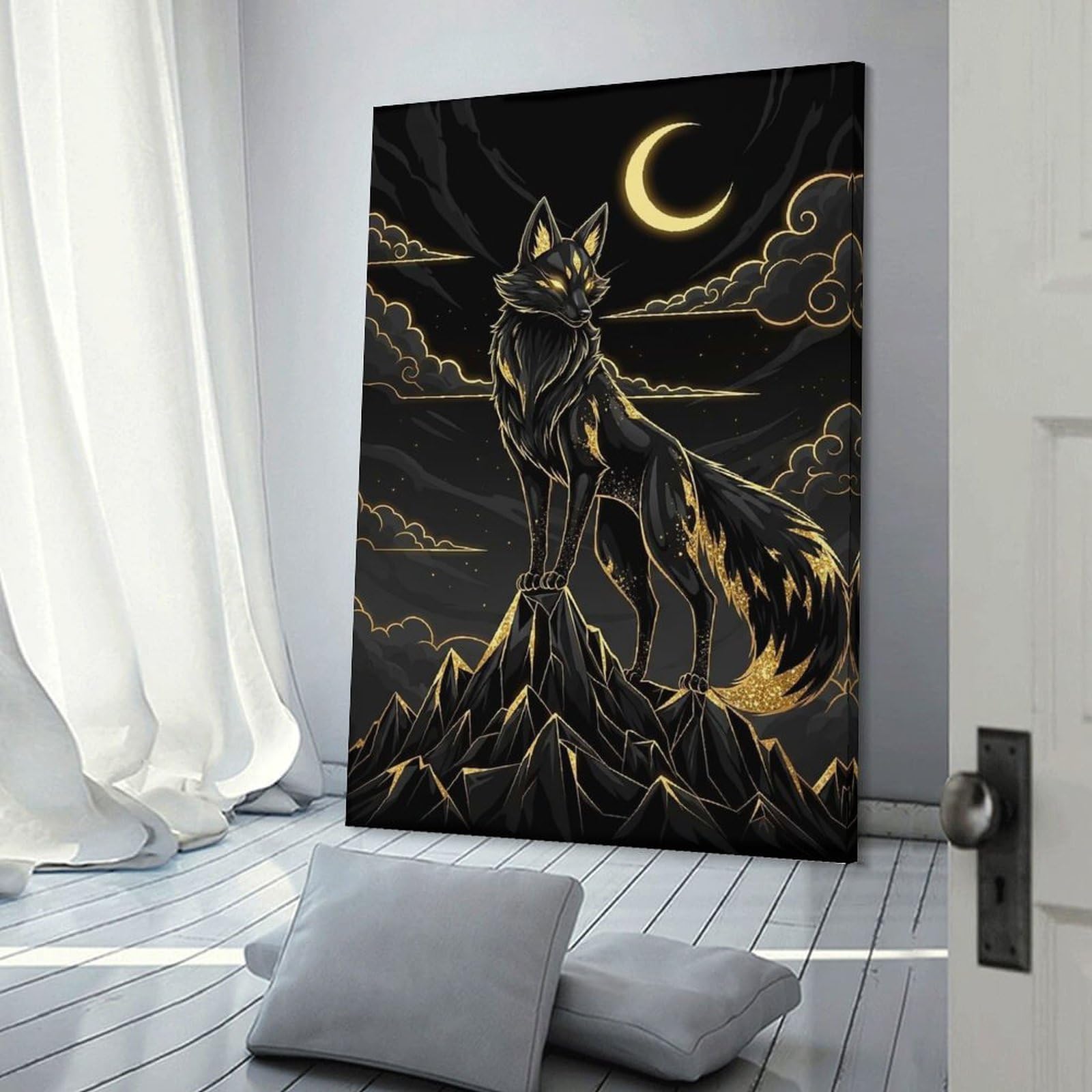 Junmoney Frame-Style-4-1 Golden Kitsune Under A Crescent Moon Canvas Wall Art, 16X24inch(40X60cm), For Living Room, Bedroom Or Home Office, A Wall Art Gift For Fresh Interiors