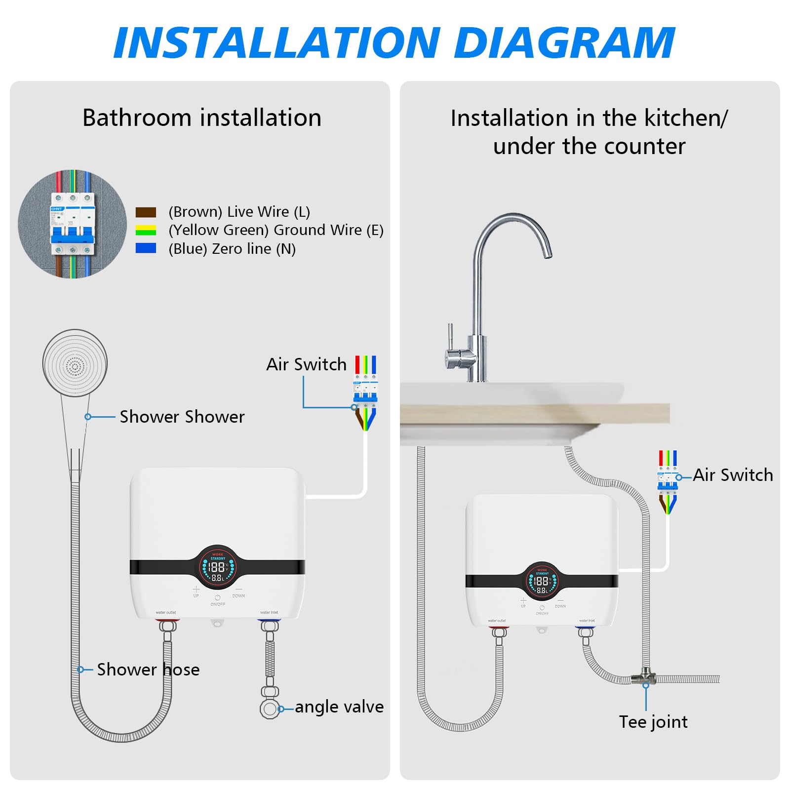 Chauffe-eau électriques 220V 6500W, Chauffe-eau électrique sans réservoir, Petit chauffe-eau instantané électrique économie d'eau Avec écran numérique, Pour cuisine, salle de bain, lavage