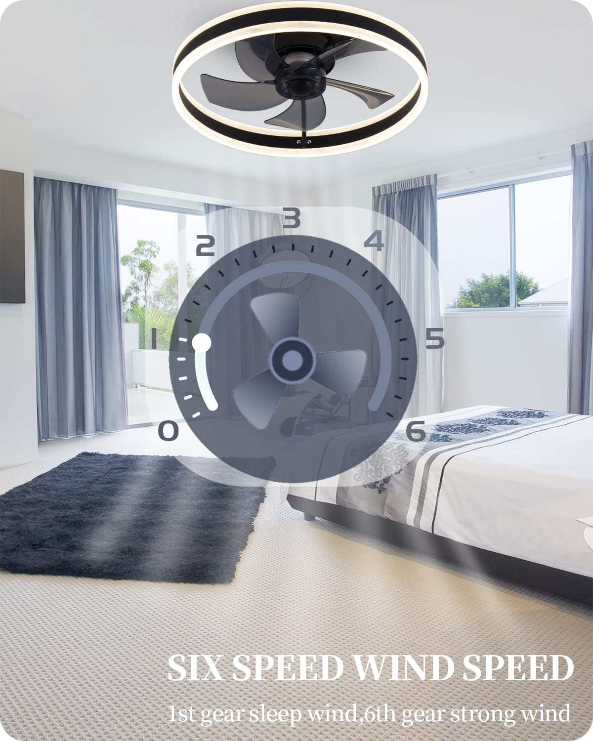 DewShrimp Flush Mount Ceiling Fan with Lights,Bladeless Ceiling Fan with Bluetooth Speaker,App and Remote Control,Quiet Low Profile Ceiling Fan,LED Stepless Dimming,3 Colors 6 Speeds Reversible,19.7in