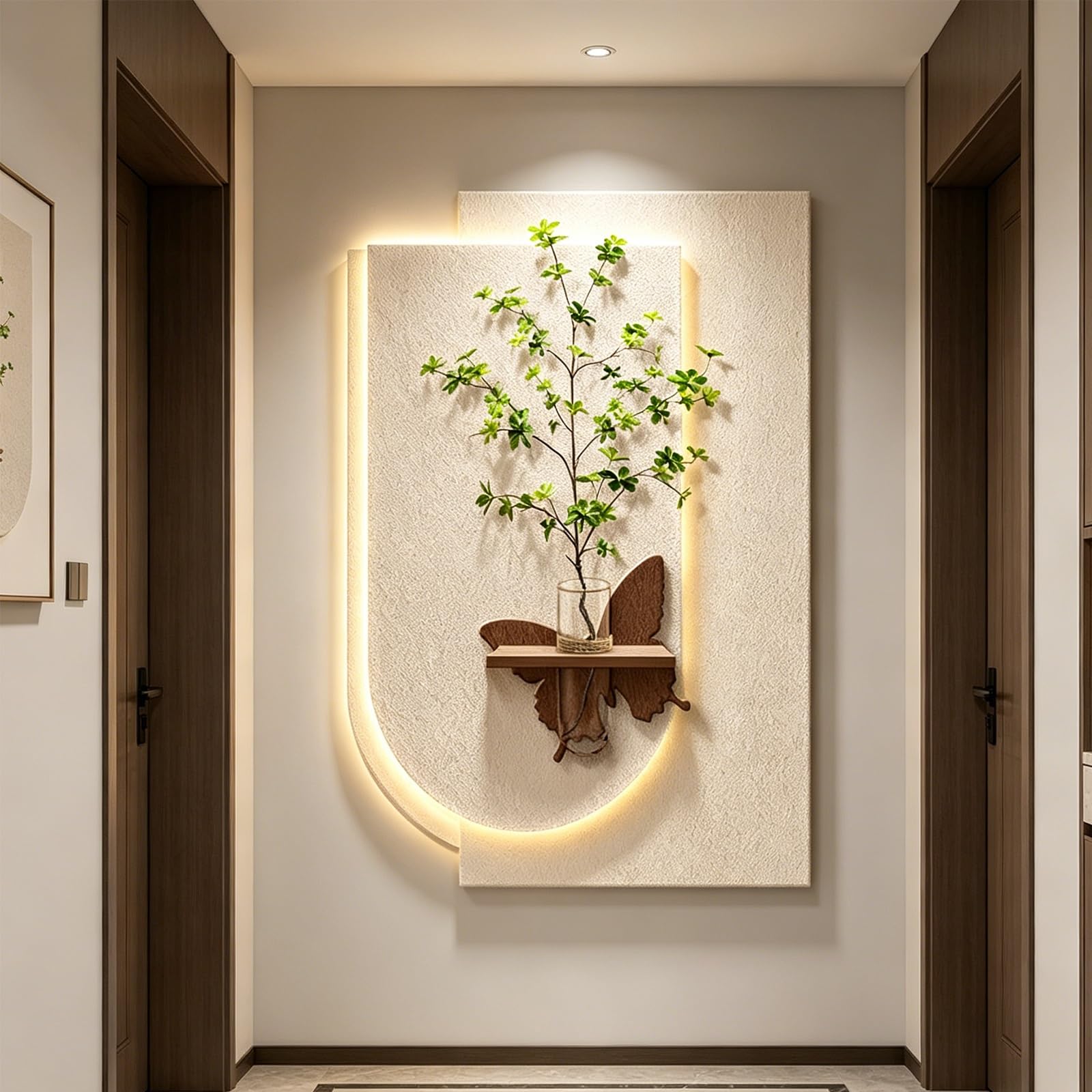 PGZMDTWI 3D Wall Art Sandstone Texture Decor for Living Room, Modern LED Lighted Wall Sculpture with Glass Vase & Green Plants for Entryway Hallway(D,100 * 150CM 9.4 * 59.1IN)