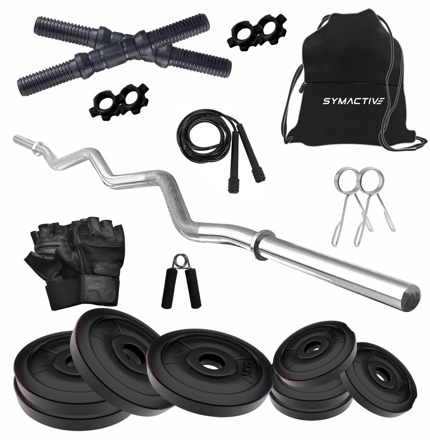 Amazon Brand - Symactive 30 KG PVC Home Gym Set with Accessories & Gym Bag (30 Kg Weight, 3 Ft Curl Rod, 14'' Dumbbell Rods Pair, 4 Locks/Clippers, Skipping Rope, Gloves, Gripper, Bag)-image-16