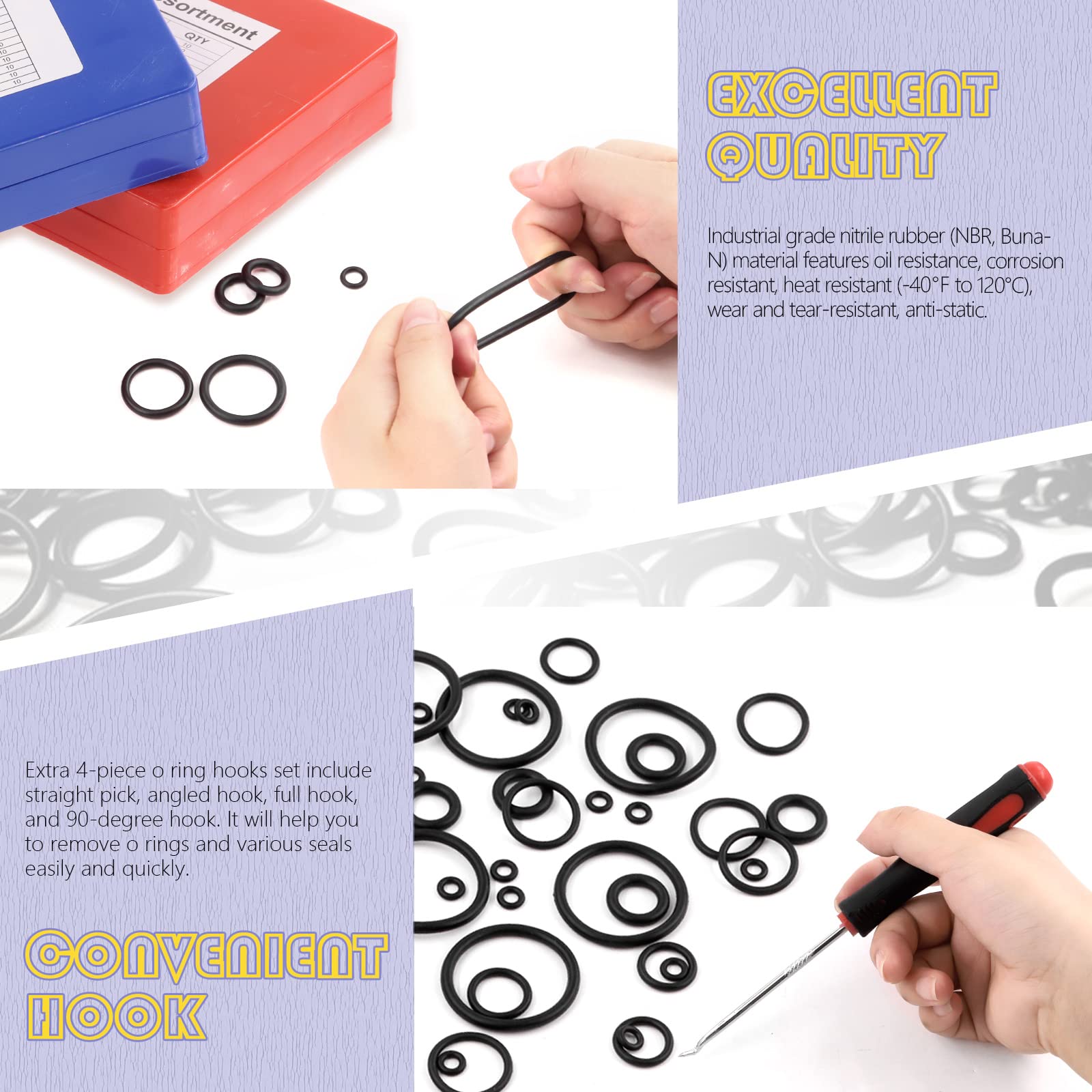Swpeet Rondella O-Ring universale SAE e metrica 834 pezzi con kit assortimento lungo e corto e gancio, anello in gomma nitrilica SAE Rondella O-Ring in gomma metrica per impianti idraulici