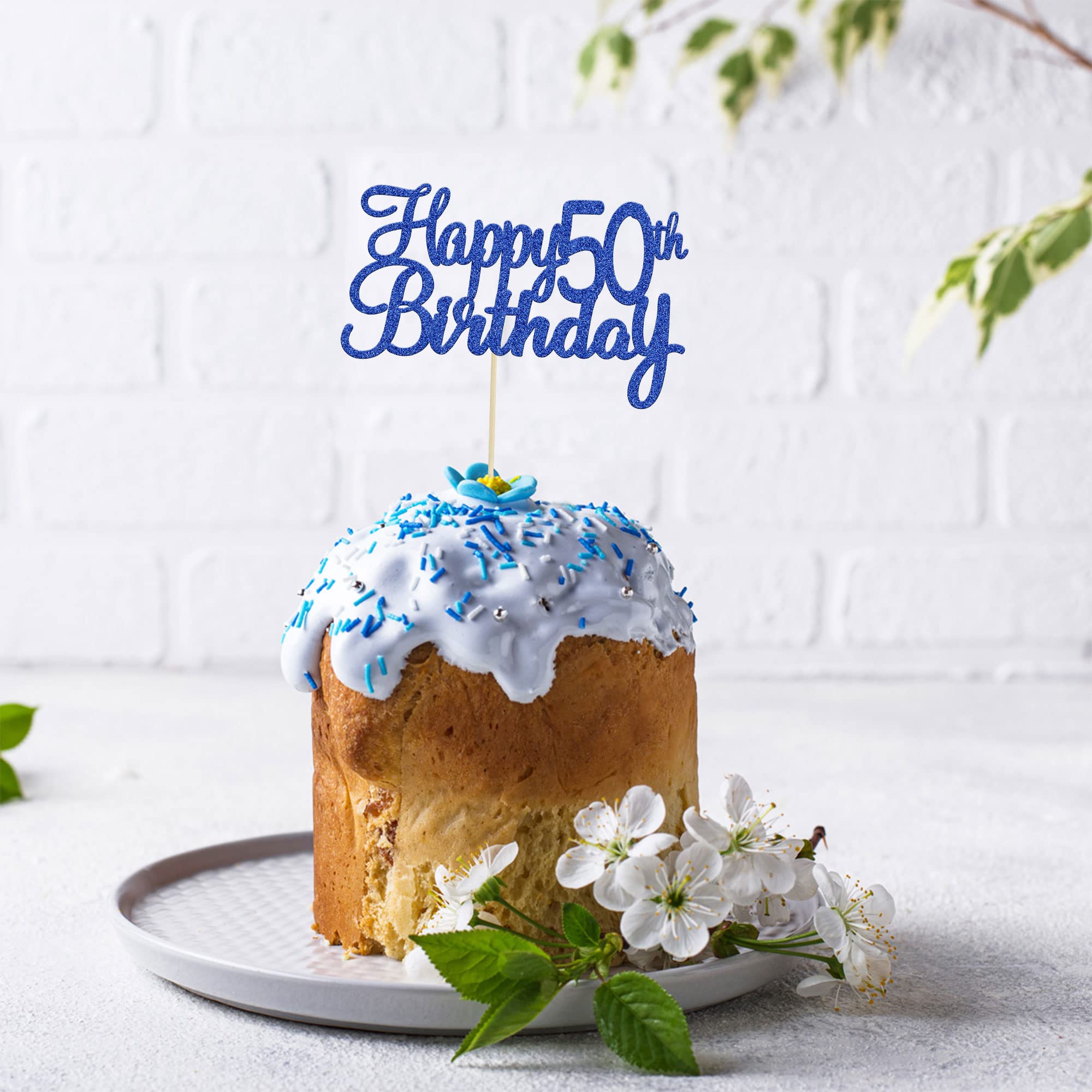 Gyufise 1Pc Happy 50th Birthday Cake Topper Blue Glitter 50th Birthday Cake Pick Cheers to 50 Years Old Fifty and Fabulous Cake Decorations for 50th Birthday Wedding Anniversary Party Supplies 2