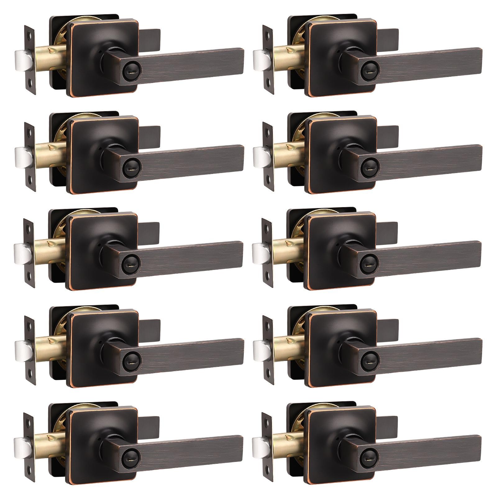GOBEKOR 10 Pack Privacy Door Levers Bedroom Door Handle with Lock Oil Rubbed Bronze Square Door Handles Keyless