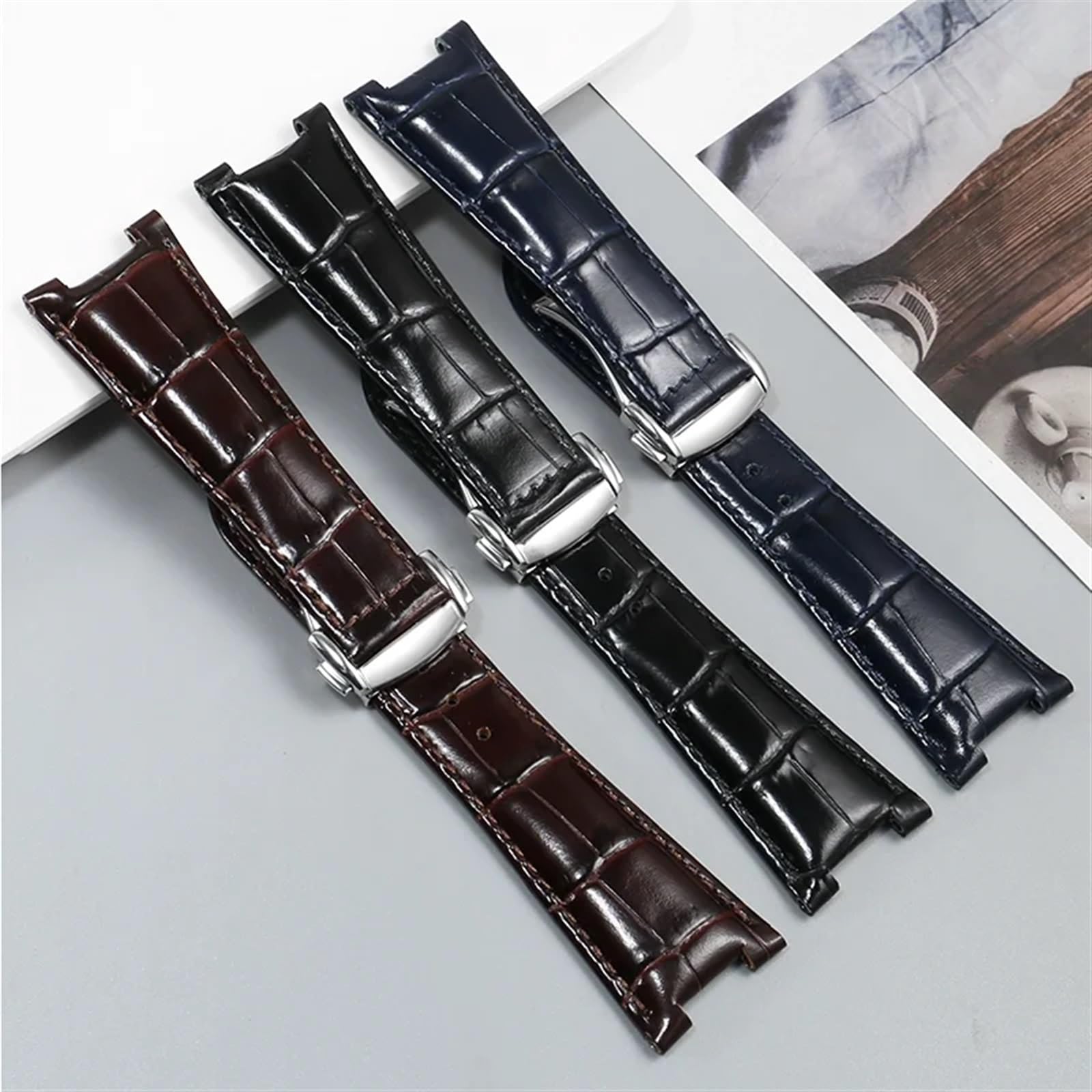 Correas de Reloj, Correa de Reloj Cuero con Hebilla Plegable(Black Without Clasp,25-14mm)