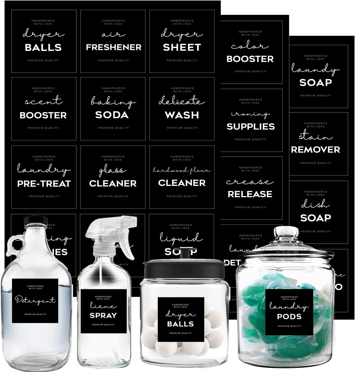 Minimalist Laundry Room Labels Set, v2croft 36 Black Matte Stickers on Clear Canisters, Home Organization Stickers for Cabinet & Drawer, Laundry Room, linens & Cleaning Supplies(Water Resistant) …